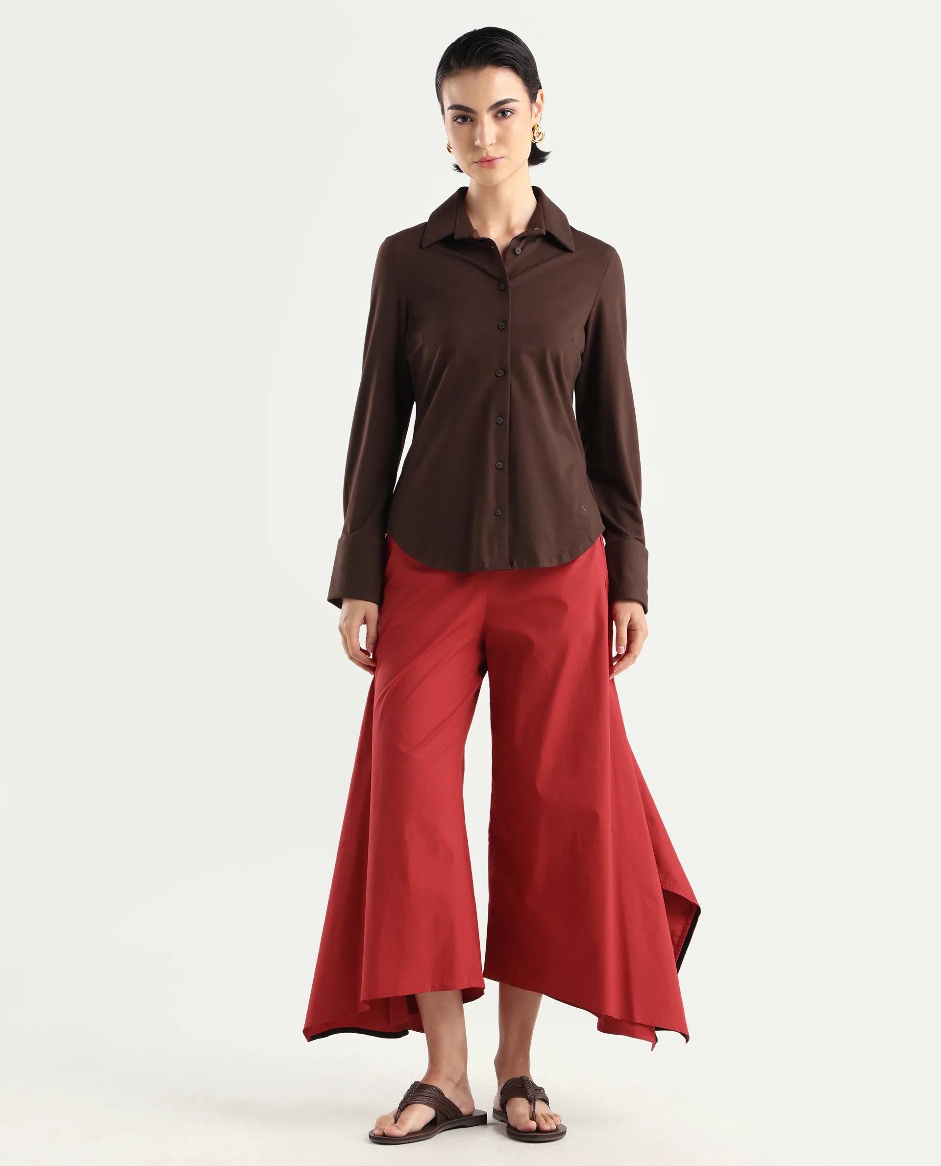 Rareism Women's Filom Red Cotton Blend Plain Ankle Length Flared Trouser - Image 3