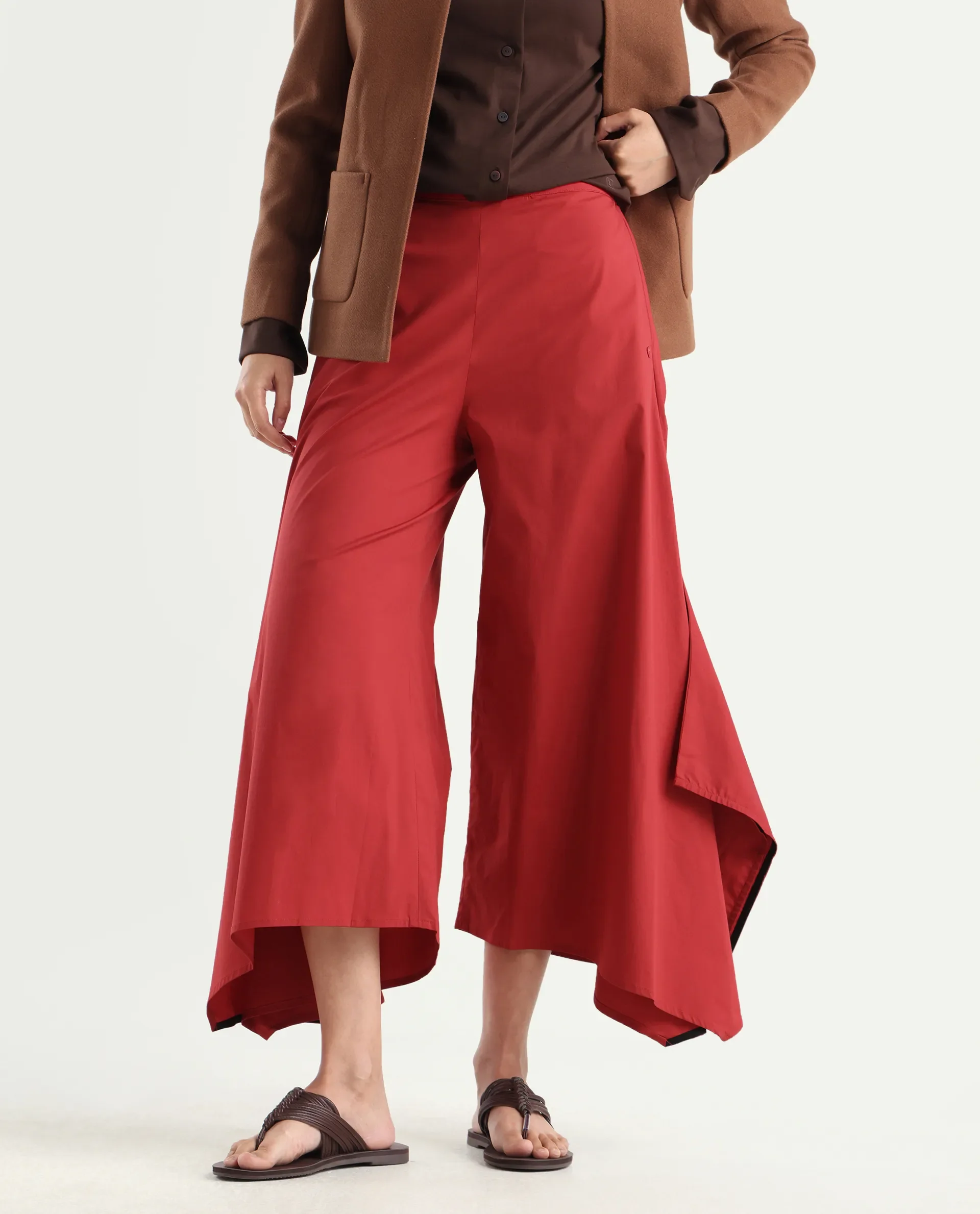Rareism Women's Filom Red Cotton Blend Plain Ankle Length Flared Trouser - Image 5