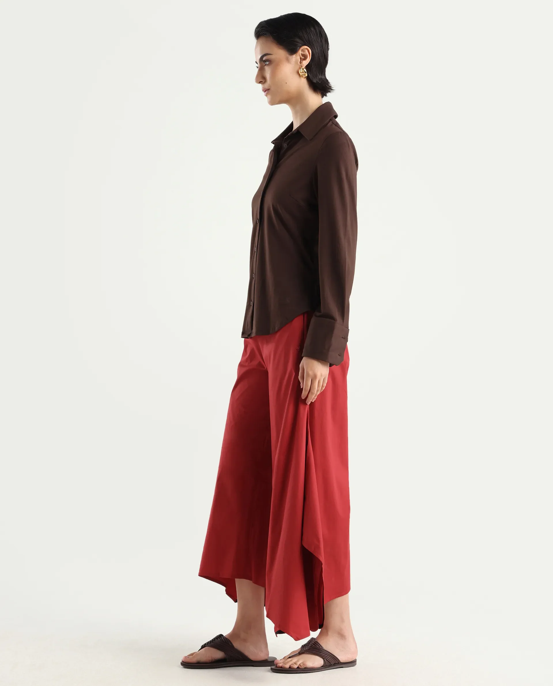 Rareism Women's Filom Red Cotton Blend Plain Ankle Length Flared Trouser - Image 6