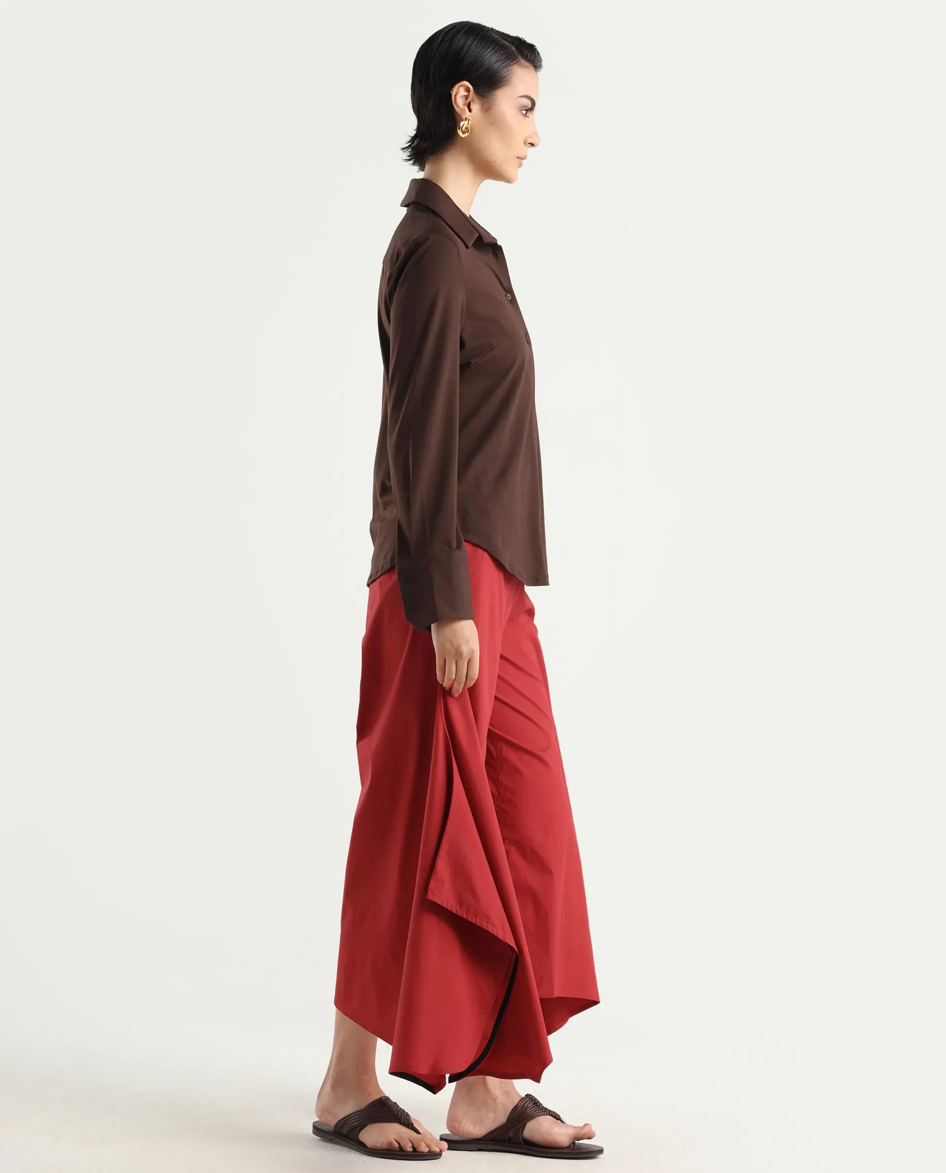 Rareism Women's Filom Red Cotton Blend Plain Ankle Length Flared Trouser - Image 7