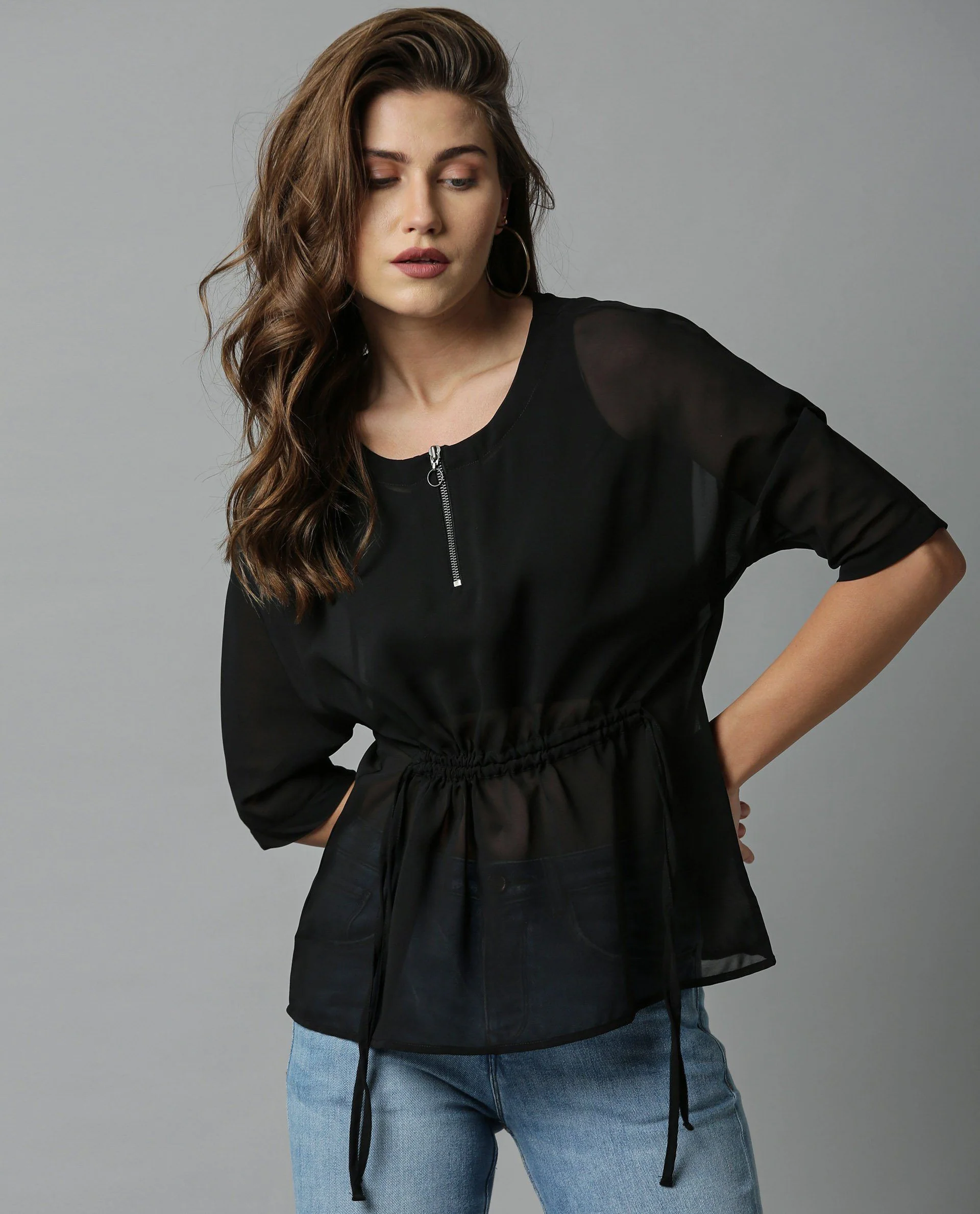 Rareism Women Filp Black Top Short Sleeves Solid