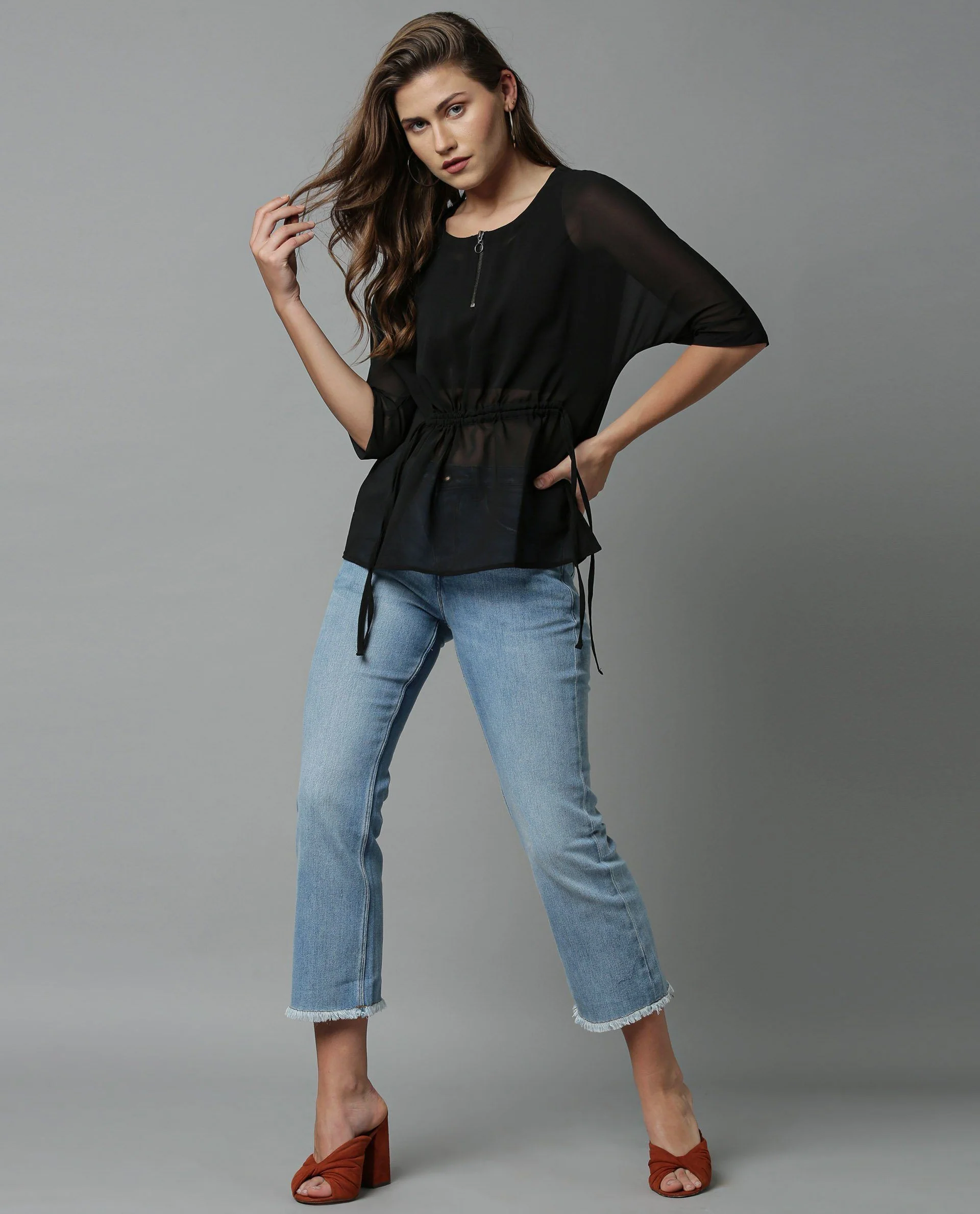 Rareism Women Filp Black Top Short Sleeves Solid - Image 3