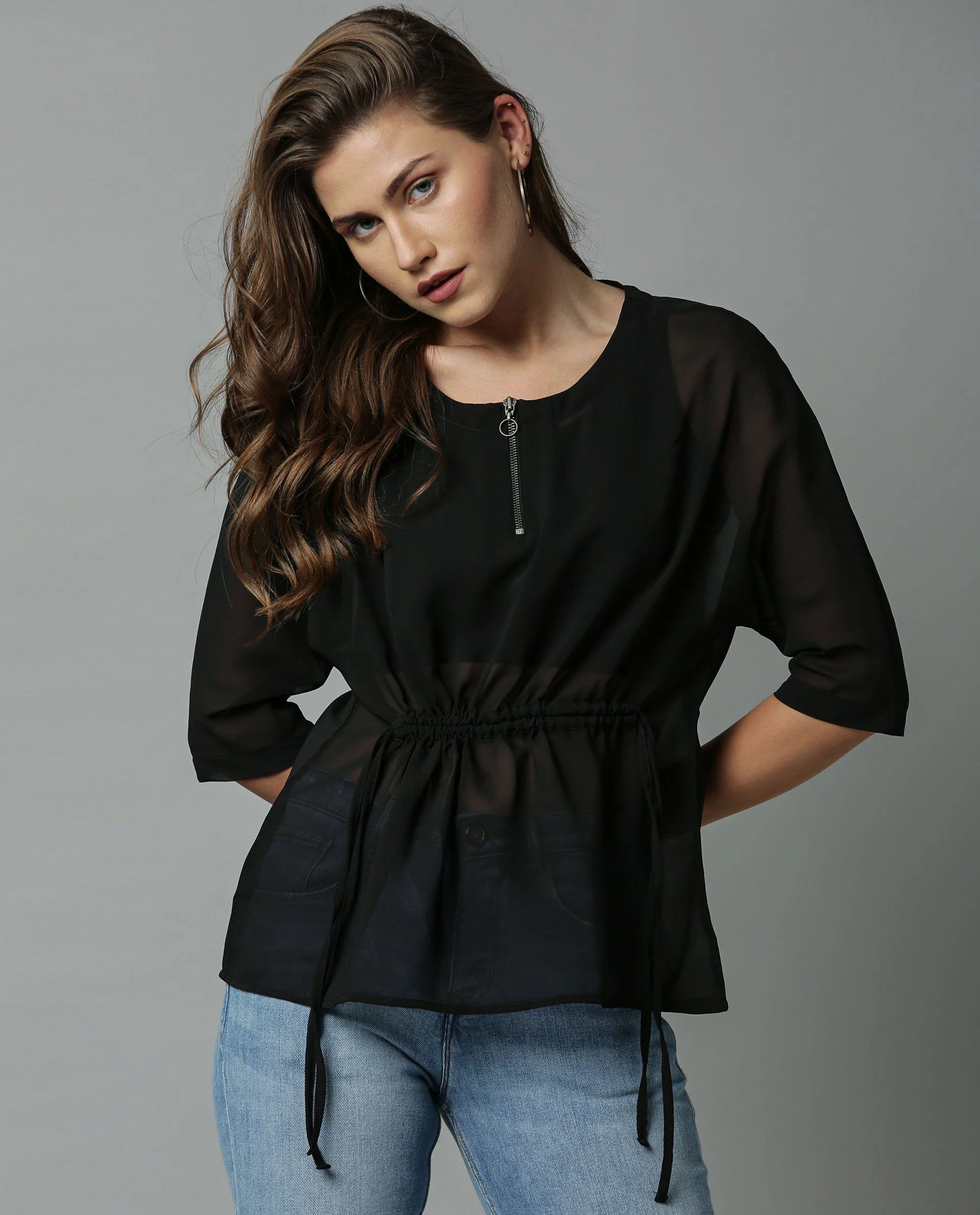 Rareism Women Filp Black Top Short Sleeves Solid - Image 4