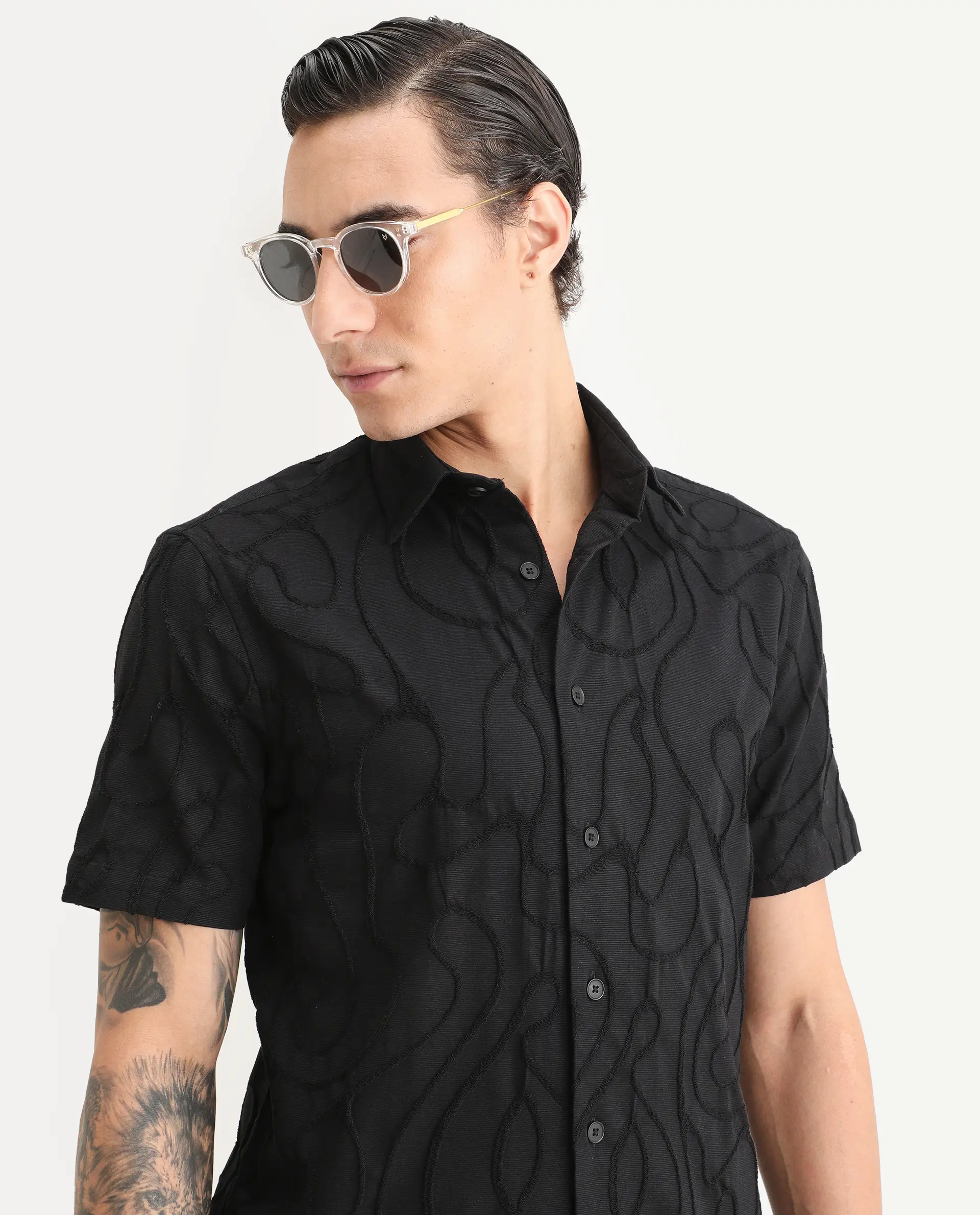 Rare Rabbit Men's Filsa Black Cotton Blend Fabric Half Sleeve Spread Collar Regular Fit Embroidered Shirt