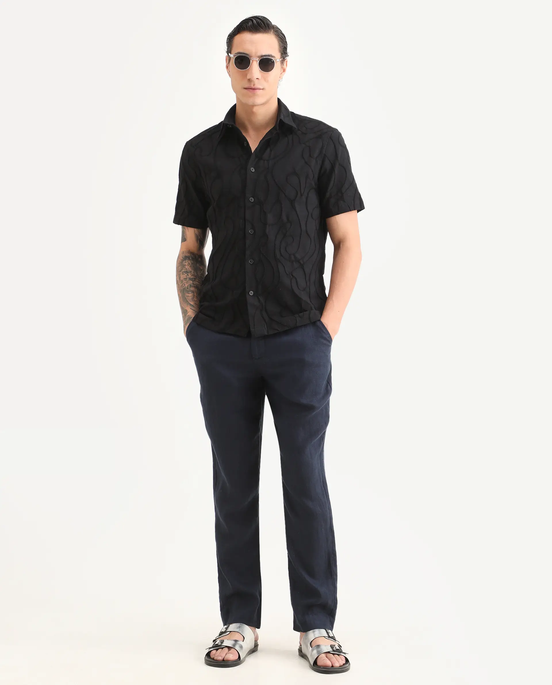 Rare Rabbit Men's Filsa Black Cotton Blend Fabric Half Sleeve Spread Collar Regular Fit Embroidered Shirt - Image 2