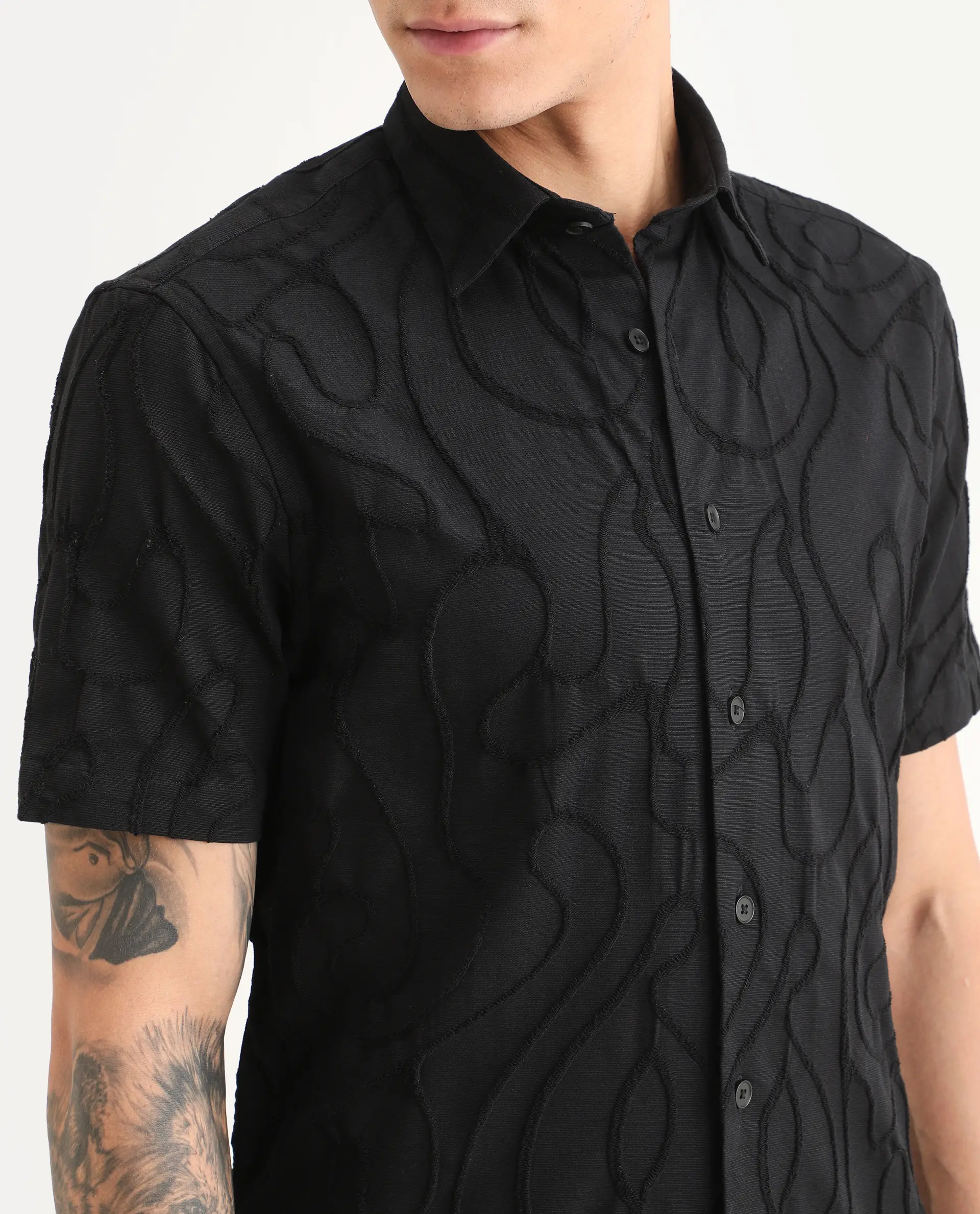 Rare Rabbit Men's Filsa Black Cotton Blend Fabric Half Sleeve Spread Collar Regular Fit Embroidered Shirt - Image 3