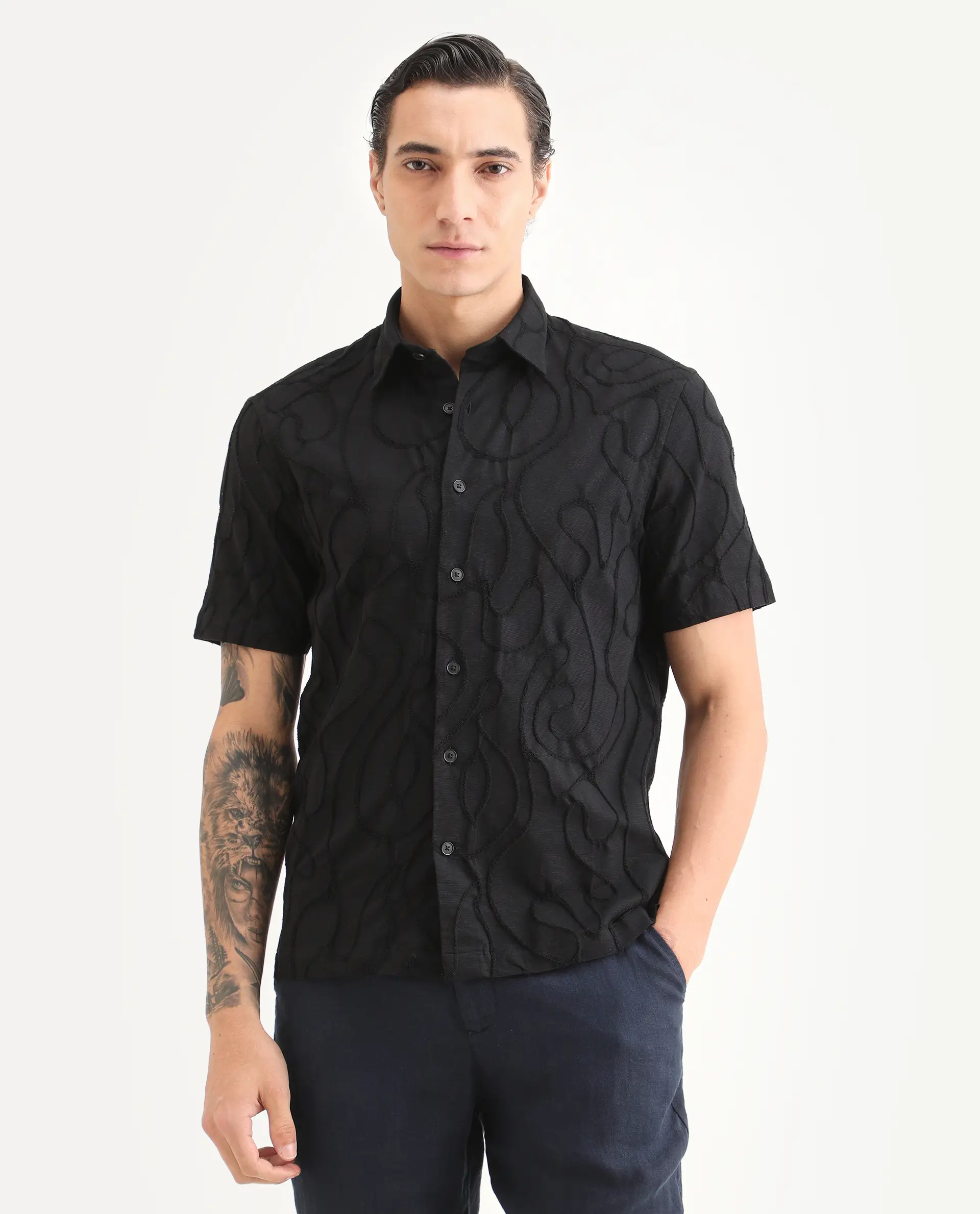 Rare Rabbit Men's Filsa Black Cotton Blend Fabric Half Sleeve Spread Collar Regular Fit Embroidered Shirt - Image 4