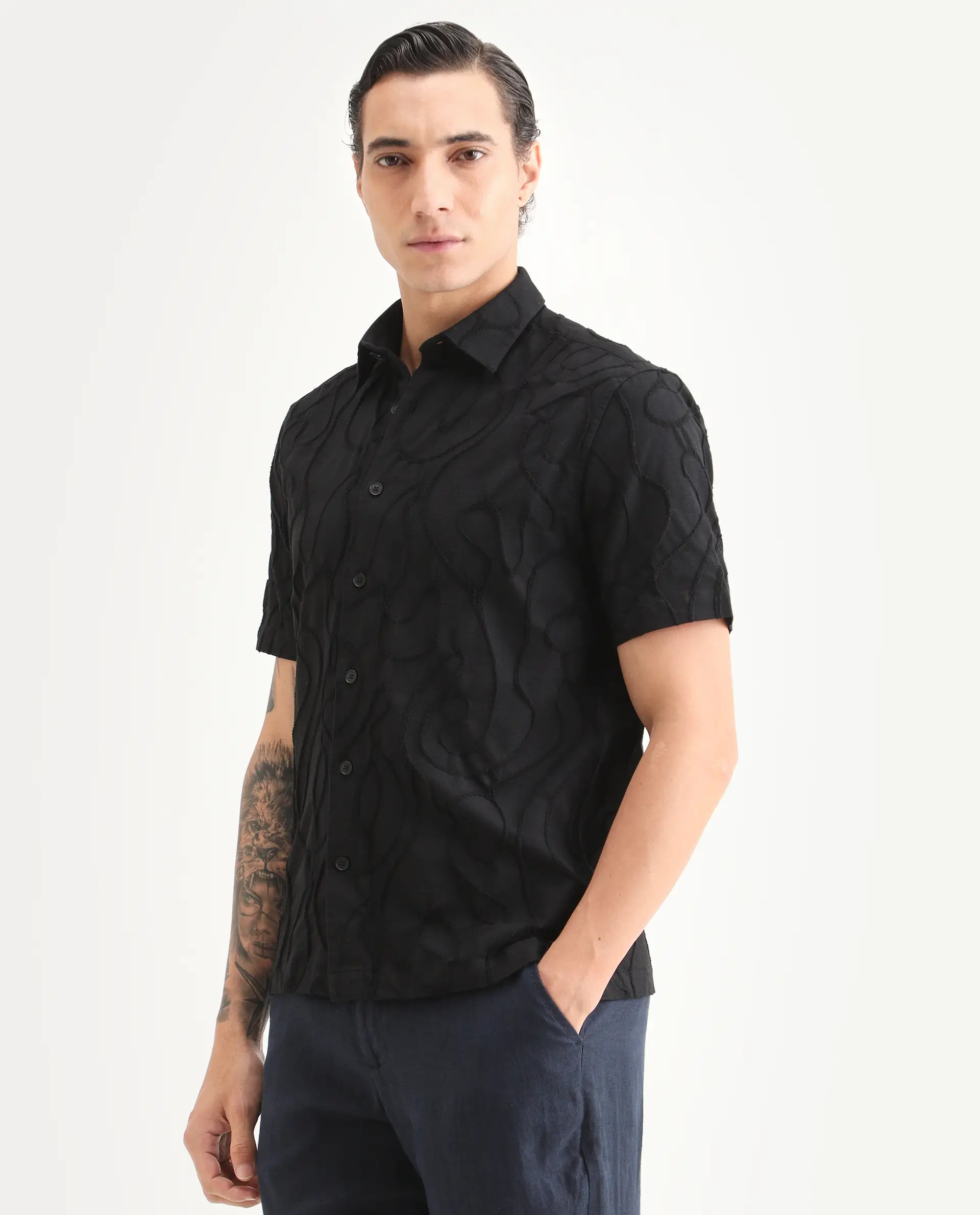 Rare Rabbit Men's Filsa Black Cotton Blend Fabric Half Sleeve Spread Collar Regular Fit Embroidered Shirt - Image 5