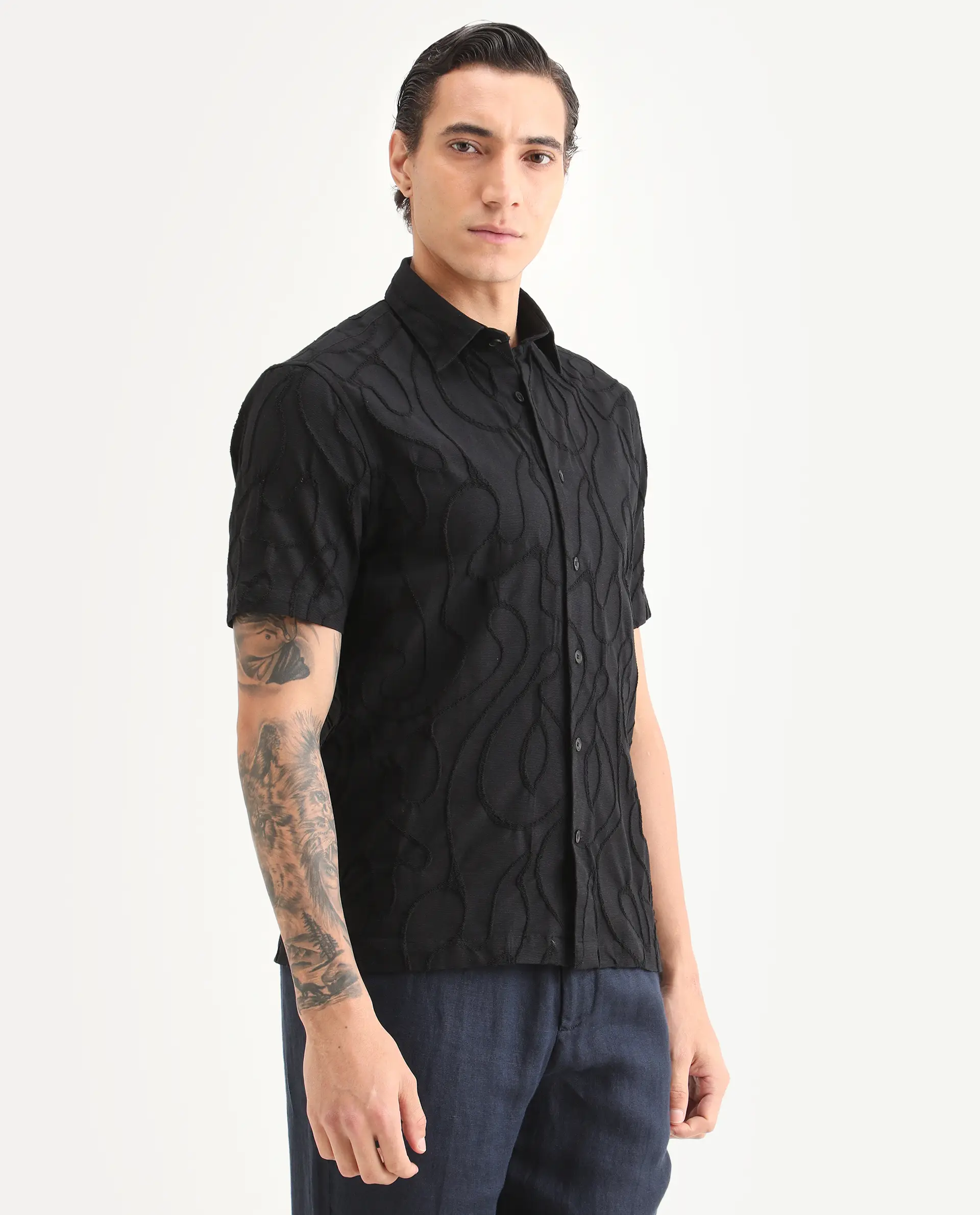 Rare Rabbit Men's Filsa Black Cotton Blend Fabric Half Sleeve Spread Collar Regular Fit Embroidered Shirt - Image 6