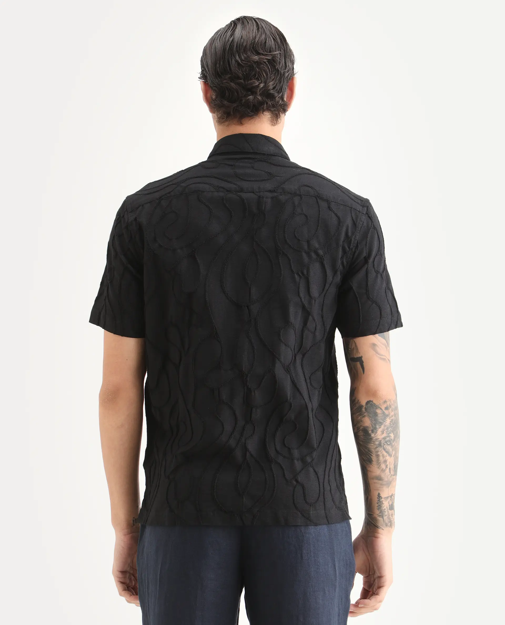 Rare Rabbit Men's Filsa Black Cotton Blend Fabric Half Sleeve Spread Collar Regular Fit Embroidered Shirt - Image 7
