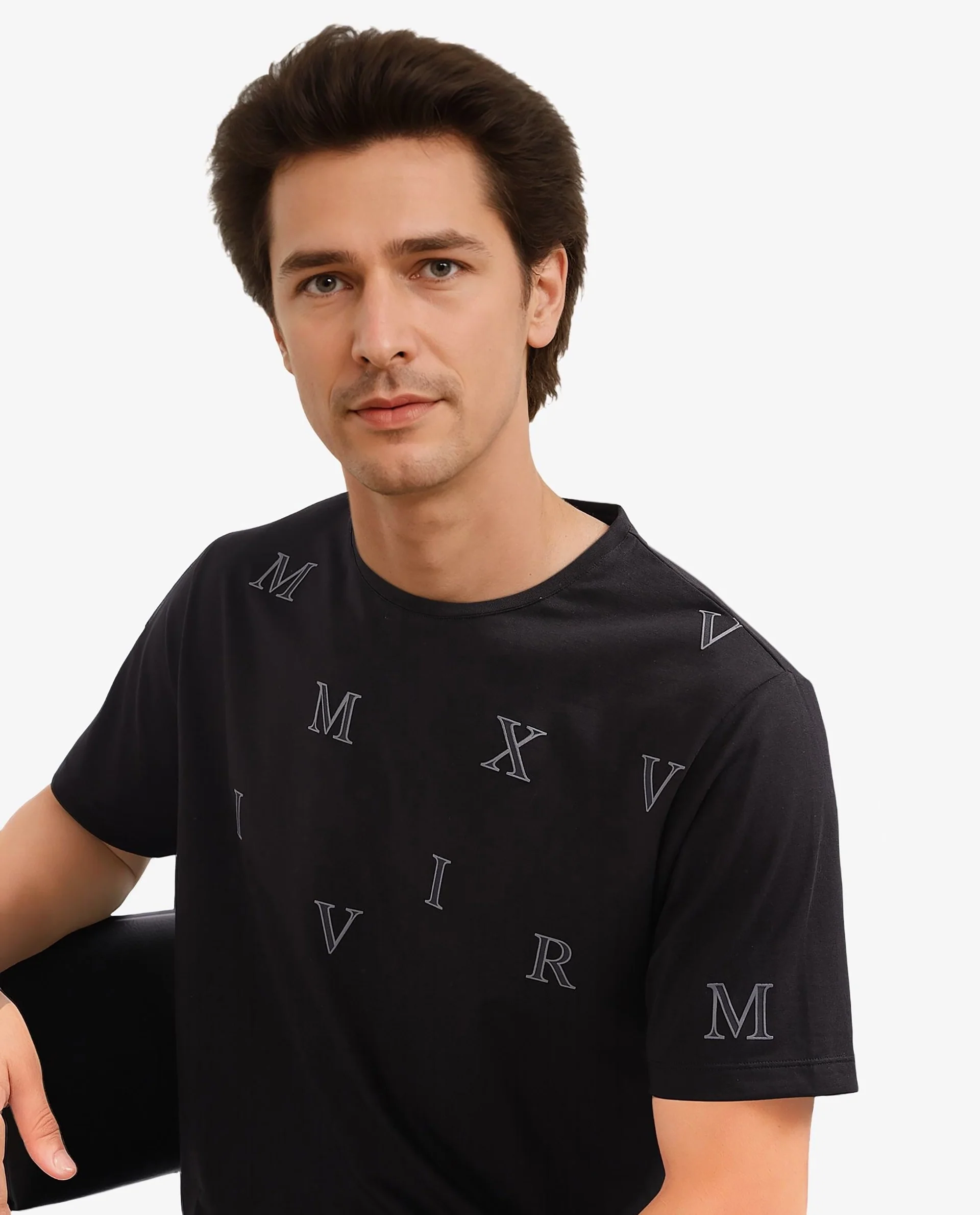 Rare Rabbit Men's Fin Black Graphic Print Regular Fit Half Sleeve Crew Neck T-Shirt - Image 2