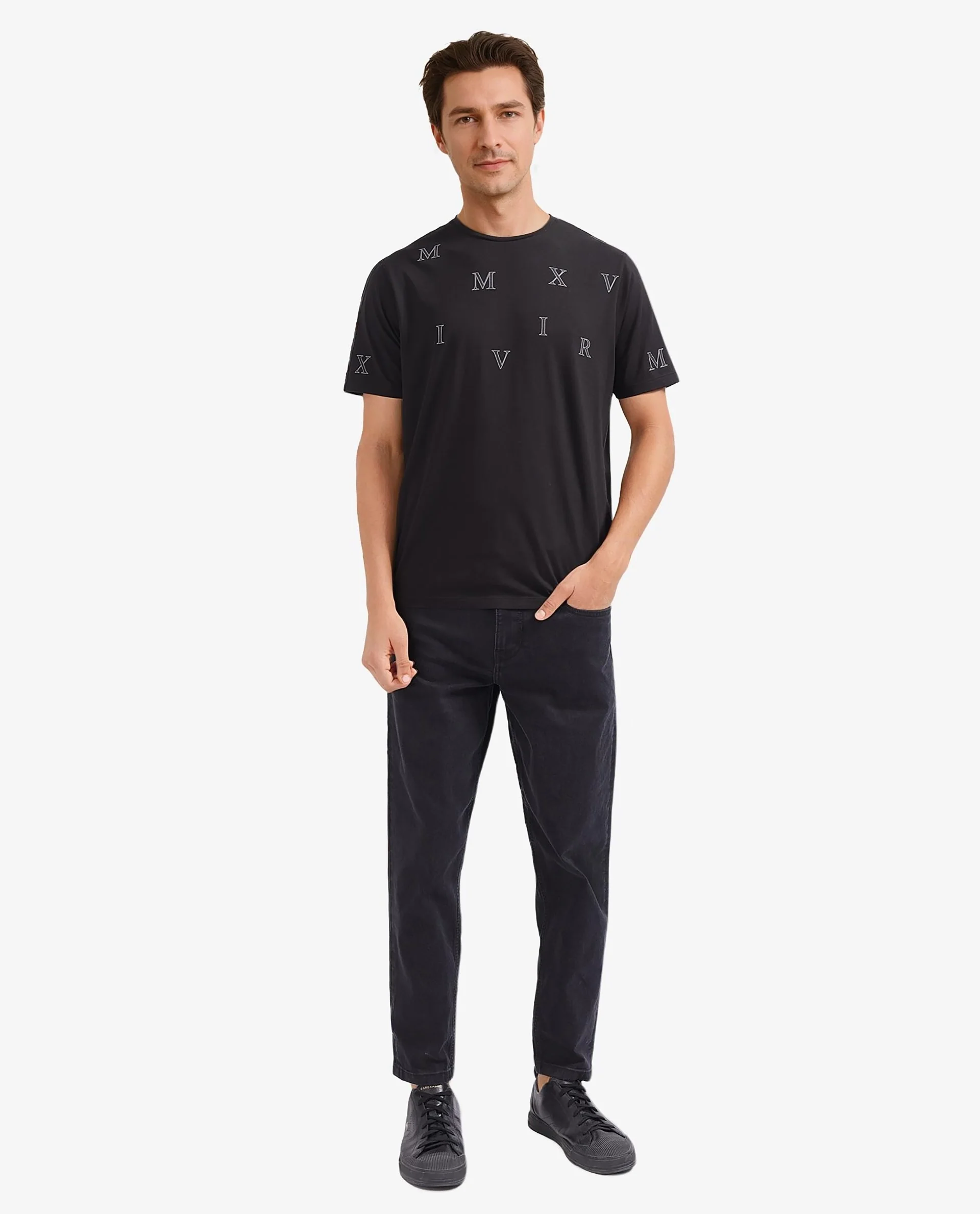 Rare Rabbit Men's Fin Black Graphic Print Regular Fit Half Sleeve Crew Neck T-Shirt - Image 3