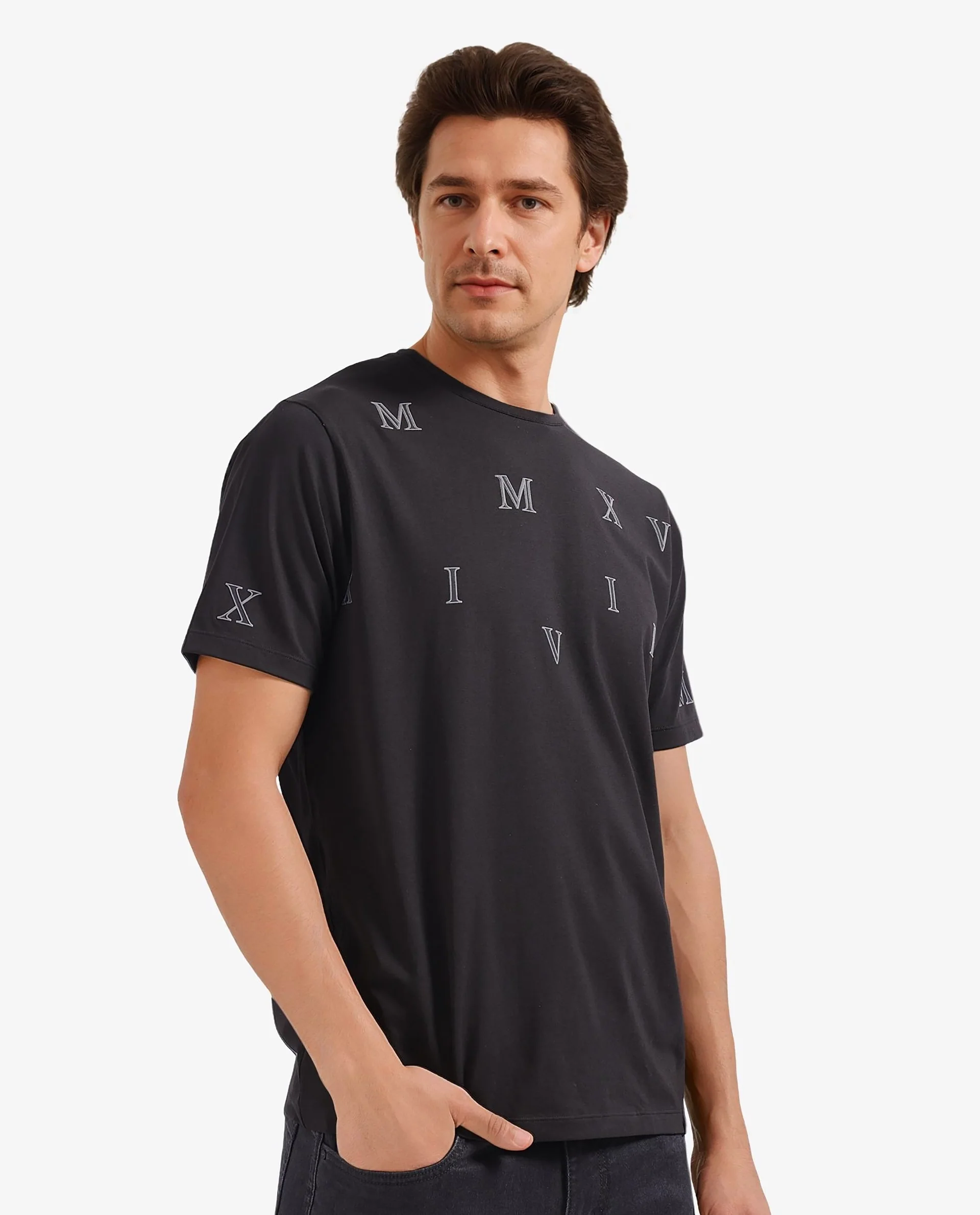 Rare Rabbit Men's Fin Black Graphic Print Regular Fit Half Sleeve Crew Neck T-Shirt - Image 4