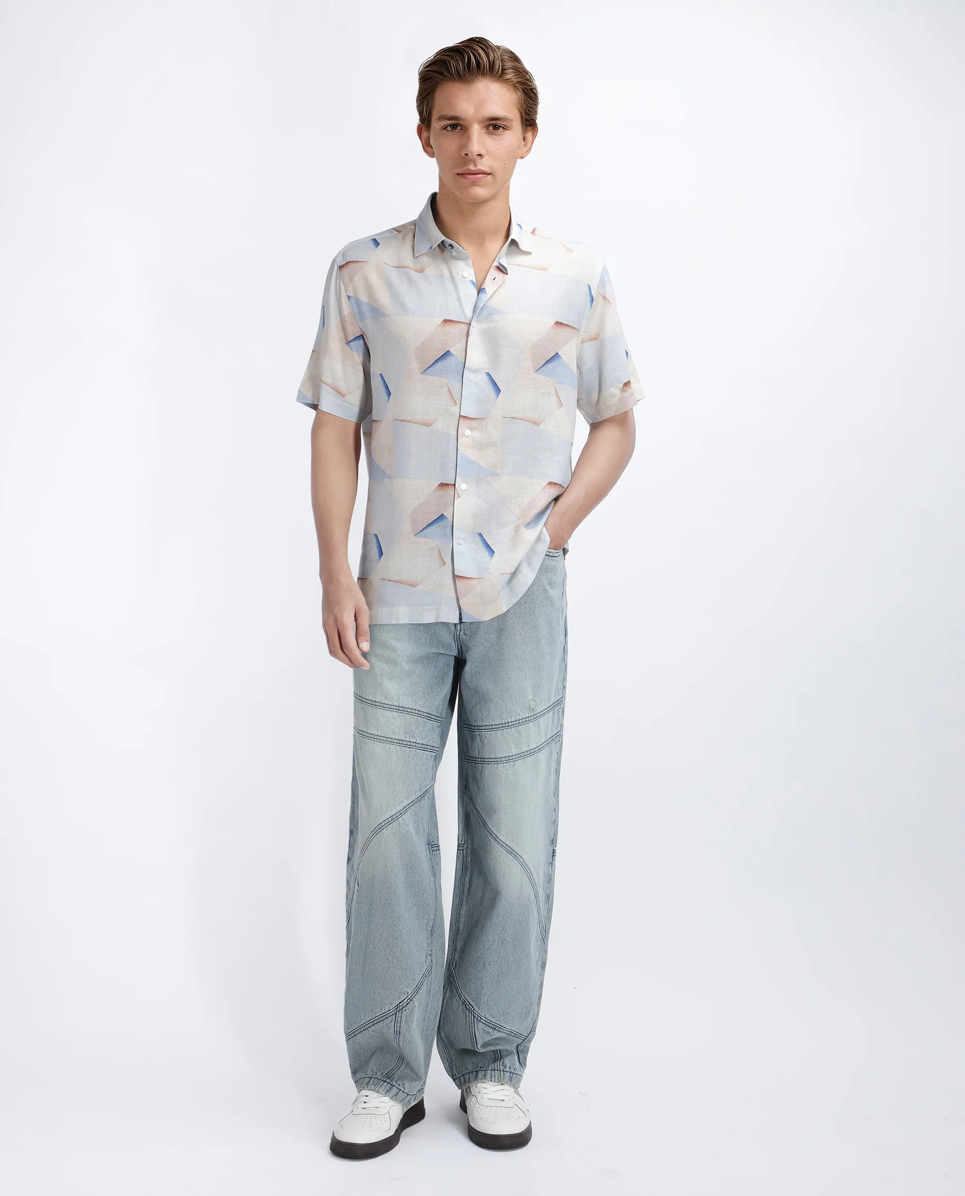 Rare Rabbit Men's Fing Beige Cotton Abstract Print Regular Fit Half Sleeve Collared Shirt - Image 2