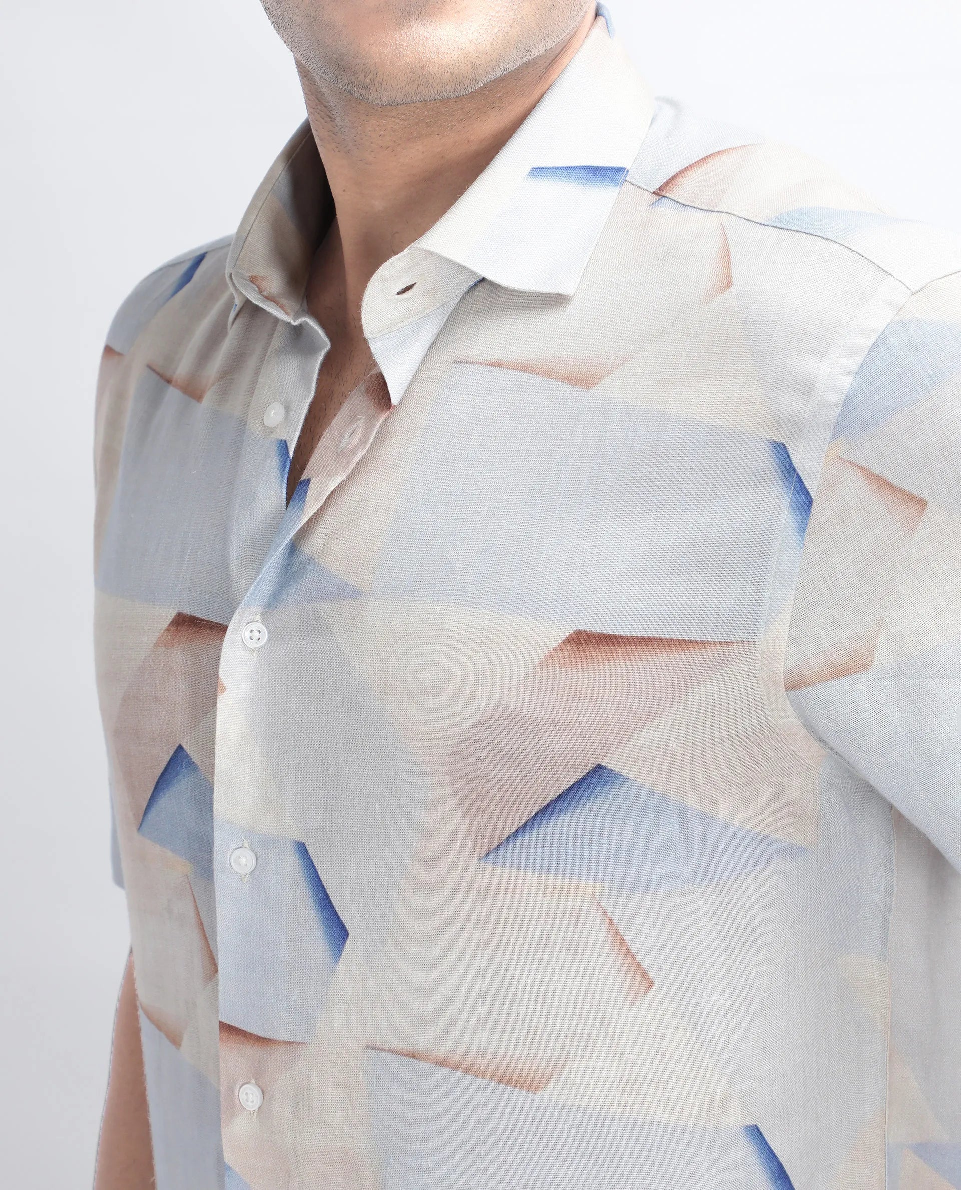 Rare Rabbit Men's Fing Beige Cotton Abstract Print Regular Fit Half Sleeve Collared Shirt - Image 3