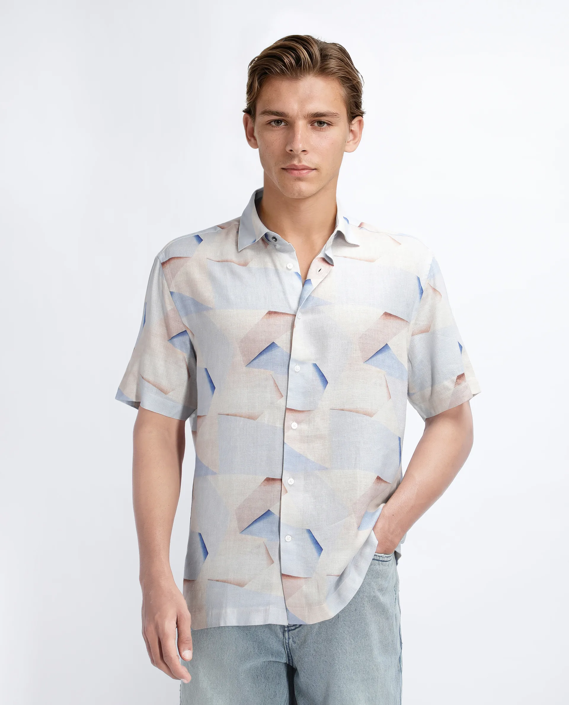 Rare Rabbit Men's Fing Beige Cotton Abstract Print Regular Fit Half Sleeve Collared Shirt - Image 5