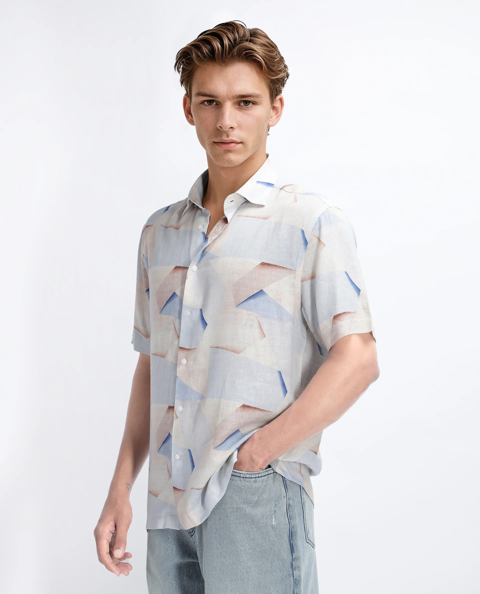 Rare Rabbit Men's Fing Beige Cotton Abstract Print Regular Fit Half Sleeve Collared Shirt - Image 6