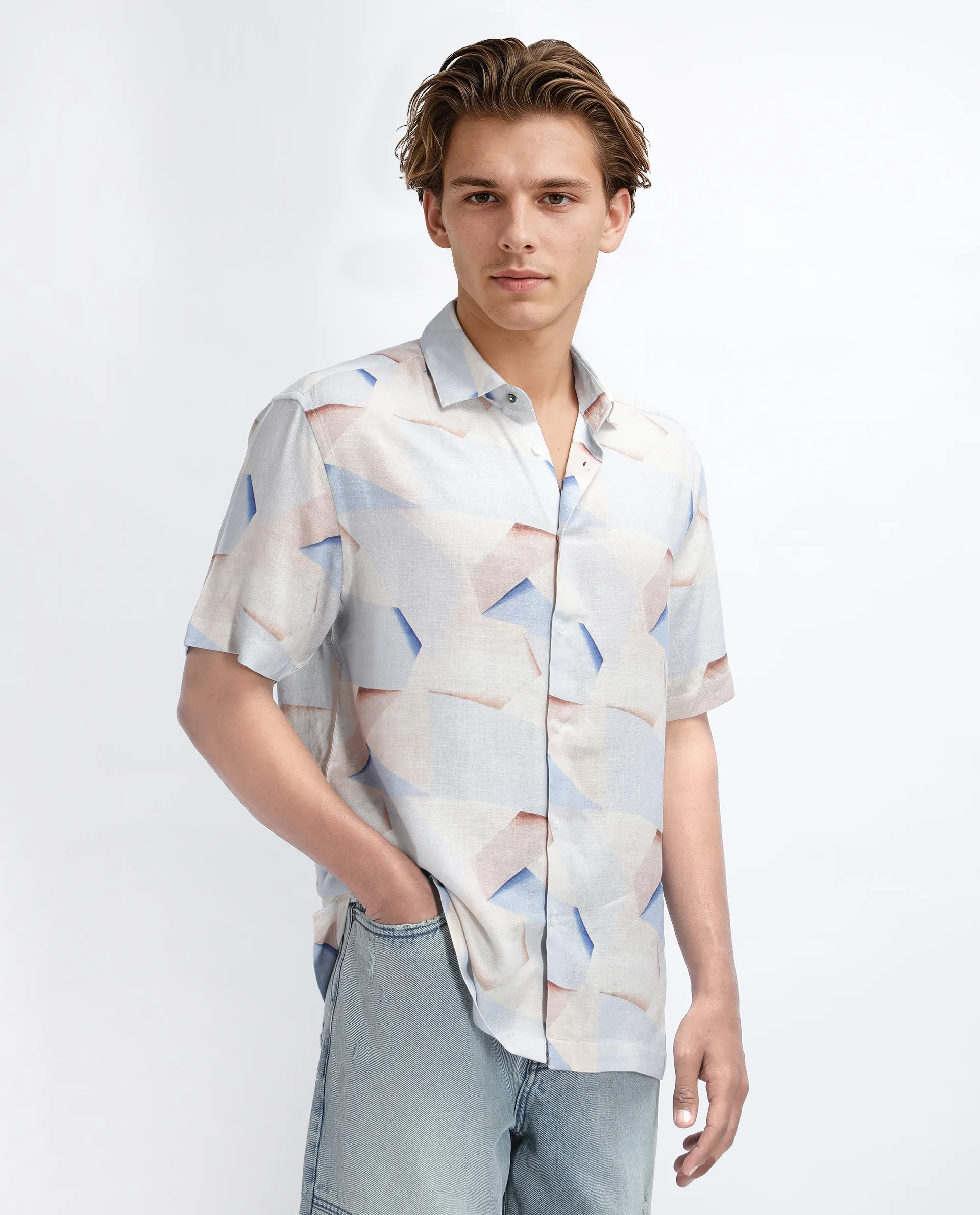 Rare Rabbit Men's Fing Beige Cotton Abstract Print Regular Fit Half Sleeve Collared Shirt - Image 7