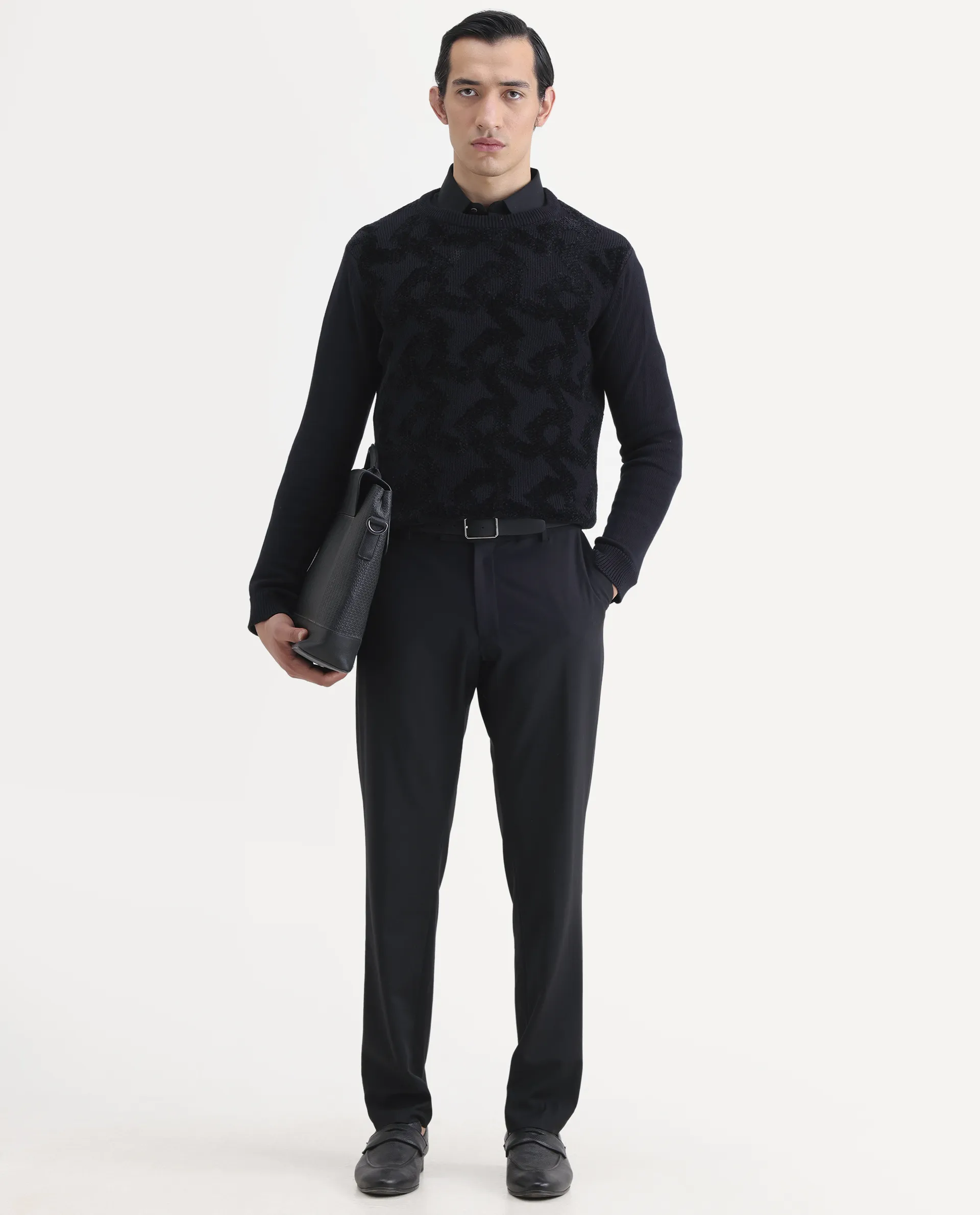 Rare Rabbit Men's Fink Black Cotton Monogram Print Relaxed Fit Full Sleeve Crew Neck Sweater - Image 2