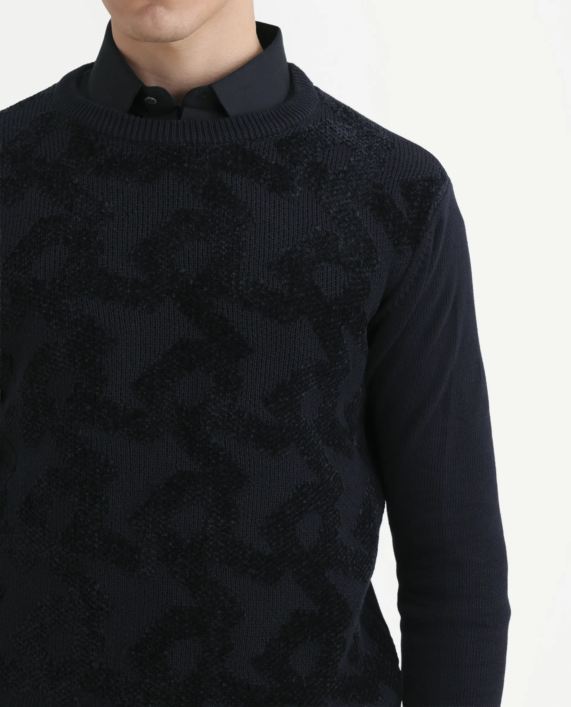 Rare Rabbit Men's Fink Black Cotton Monogram Print Relaxed Fit Full Sleeve Crew Neck Sweater - Image 3