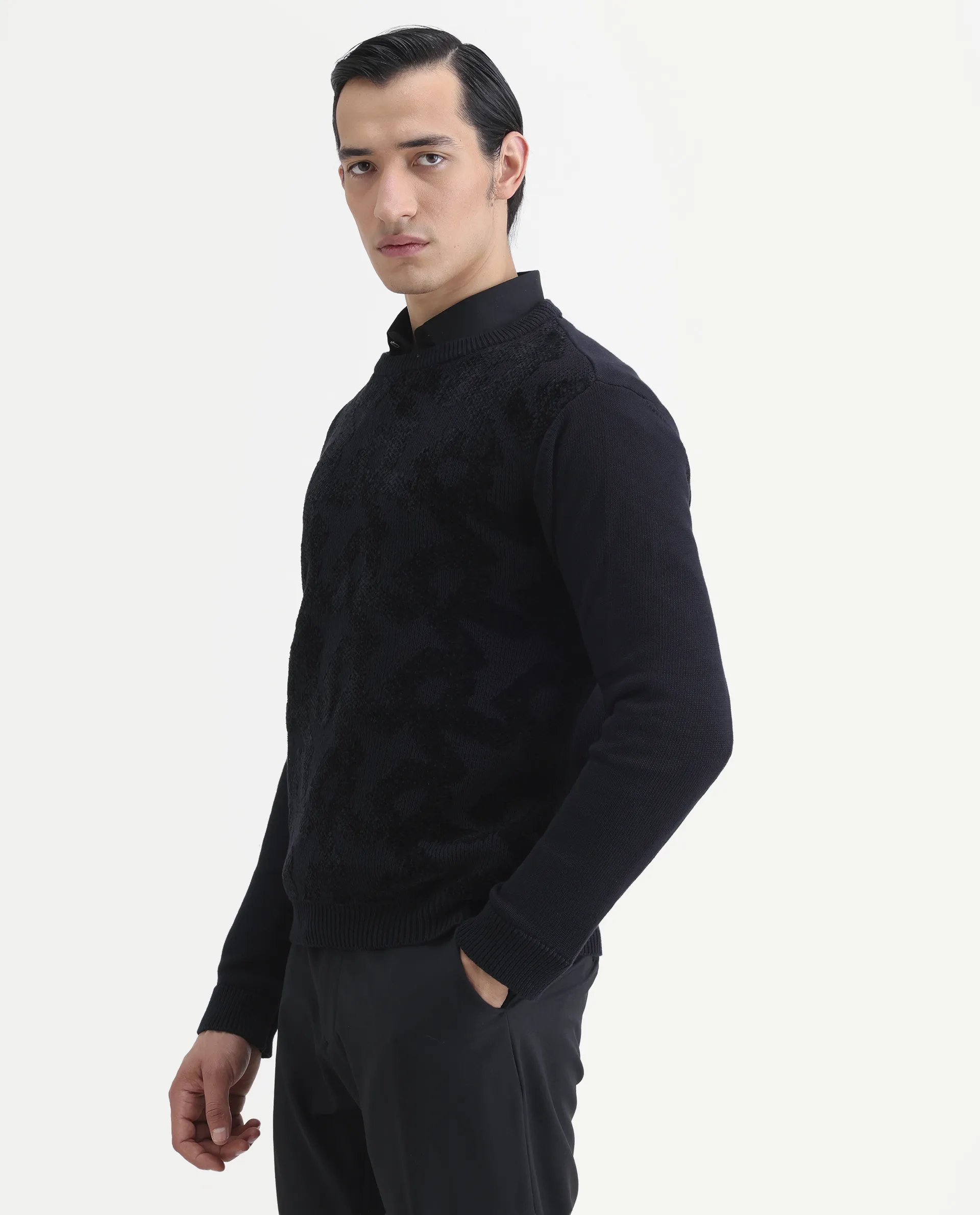 Rare Rabbit Men's Fink Black Cotton Monogram Print Relaxed Fit Full Sleeve Crew Neck Sweater - Image 4