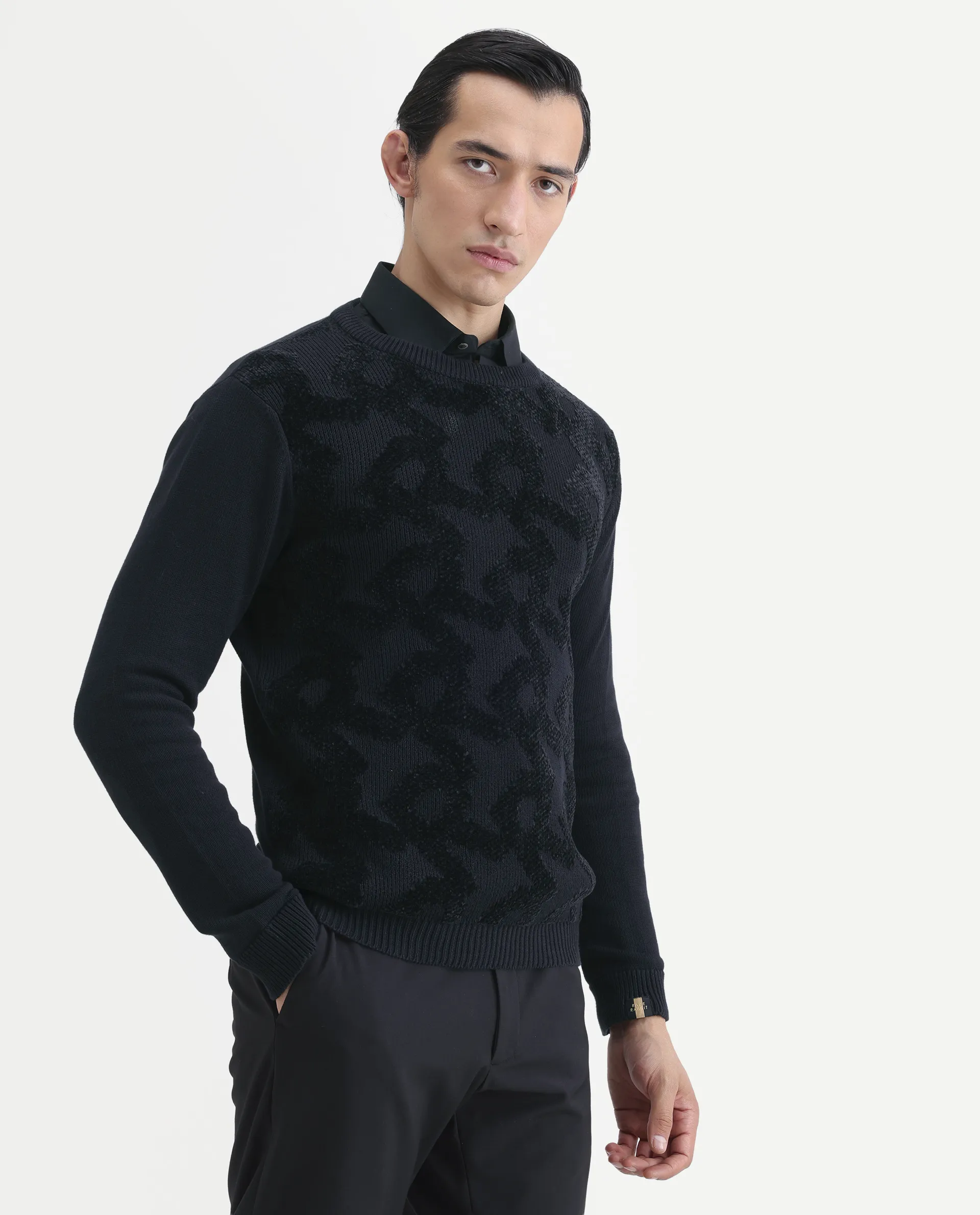 Rare Rabbit Men's Fink Black Cotton Monogram Print Relaxed Fit Full Sleeve Crew Neck Sweater - Image 5