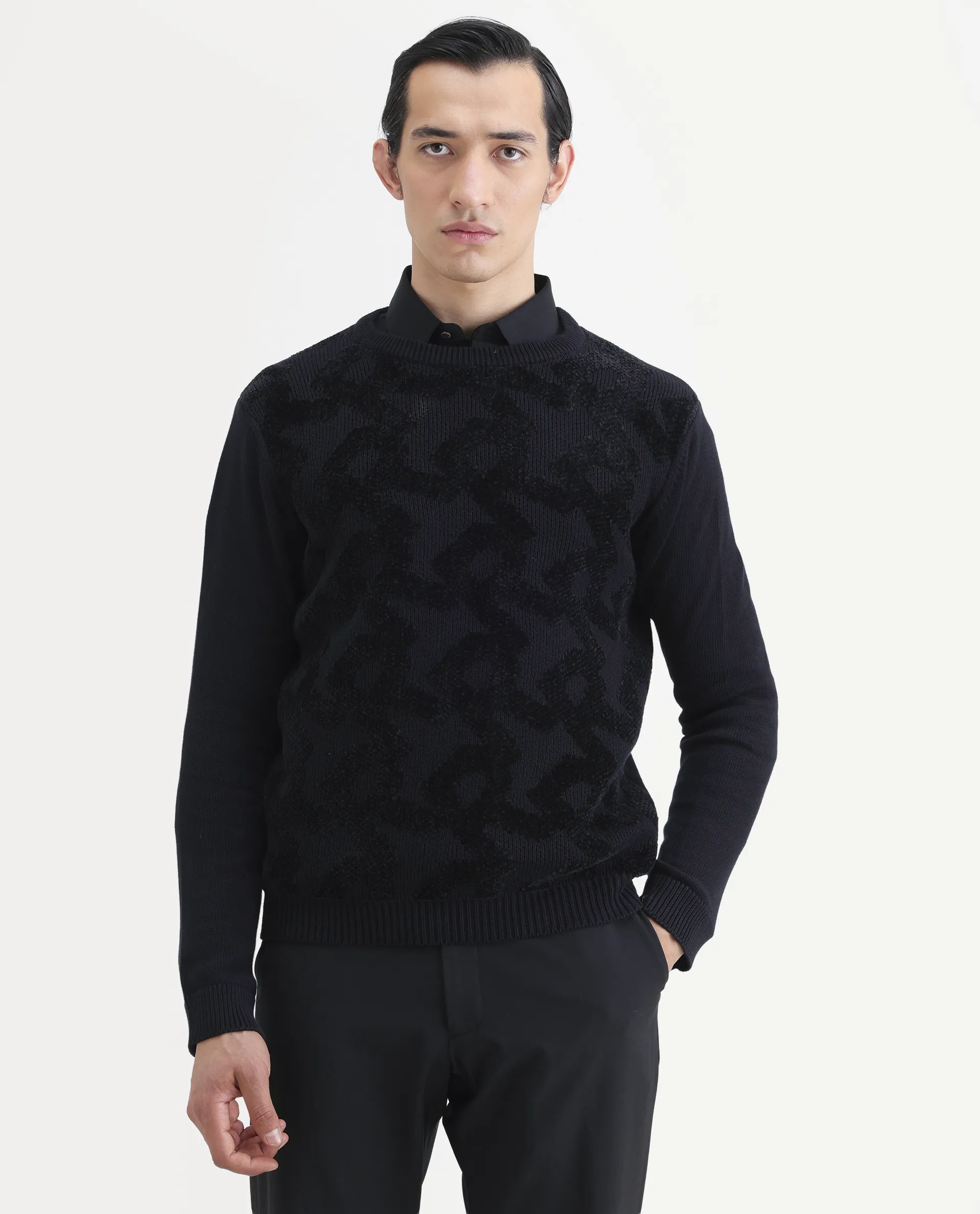 Rare Rabbit Men's Fink Black Cotton Monogram Print Relaxed Fit Full Sleeve Crew Neck Sweater - Image 6