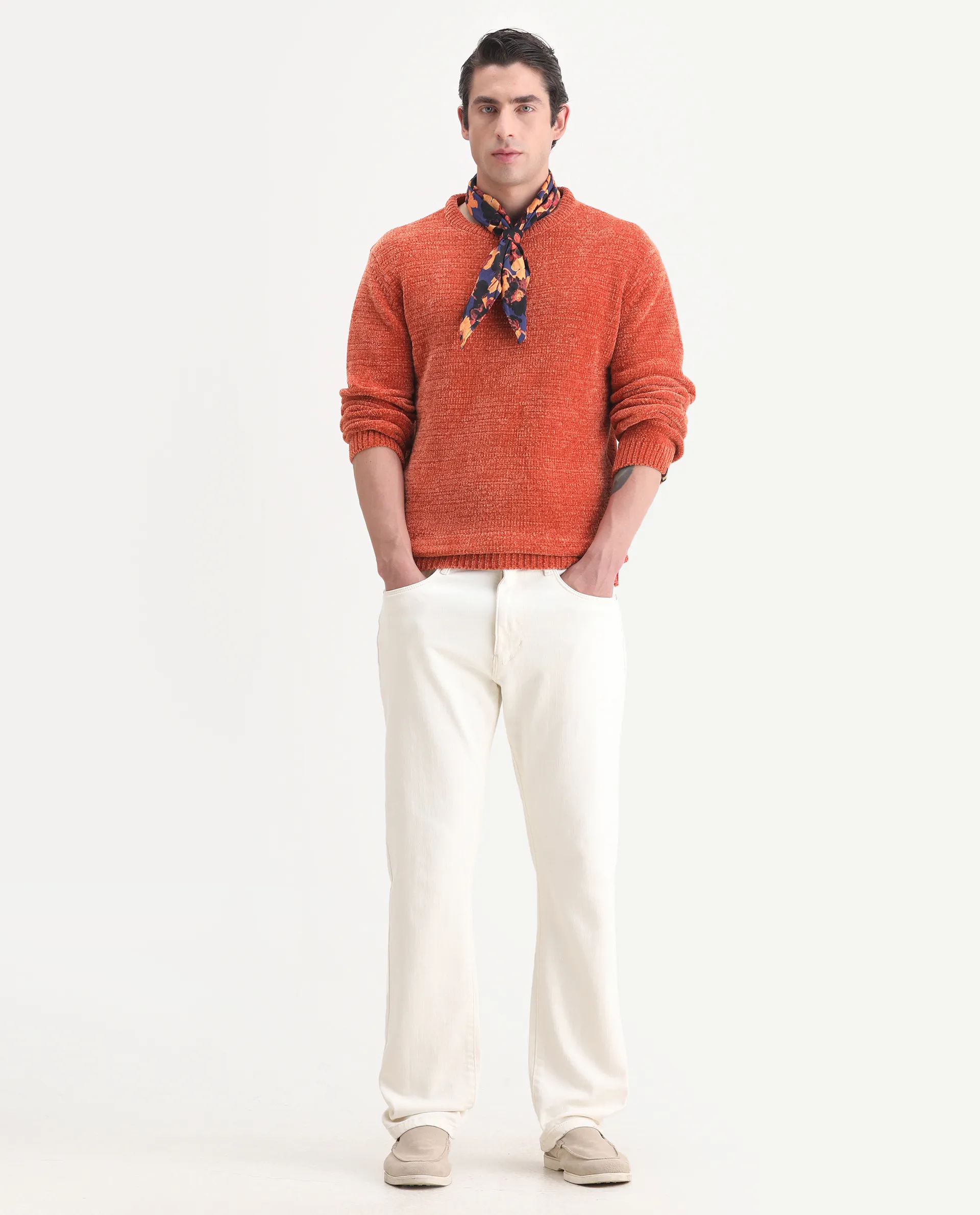 Rare Rabbit Men's Finkle Orange Cotton Textured Relaxed Fit Full Sleeve Crew Neck Sweater - Image 2