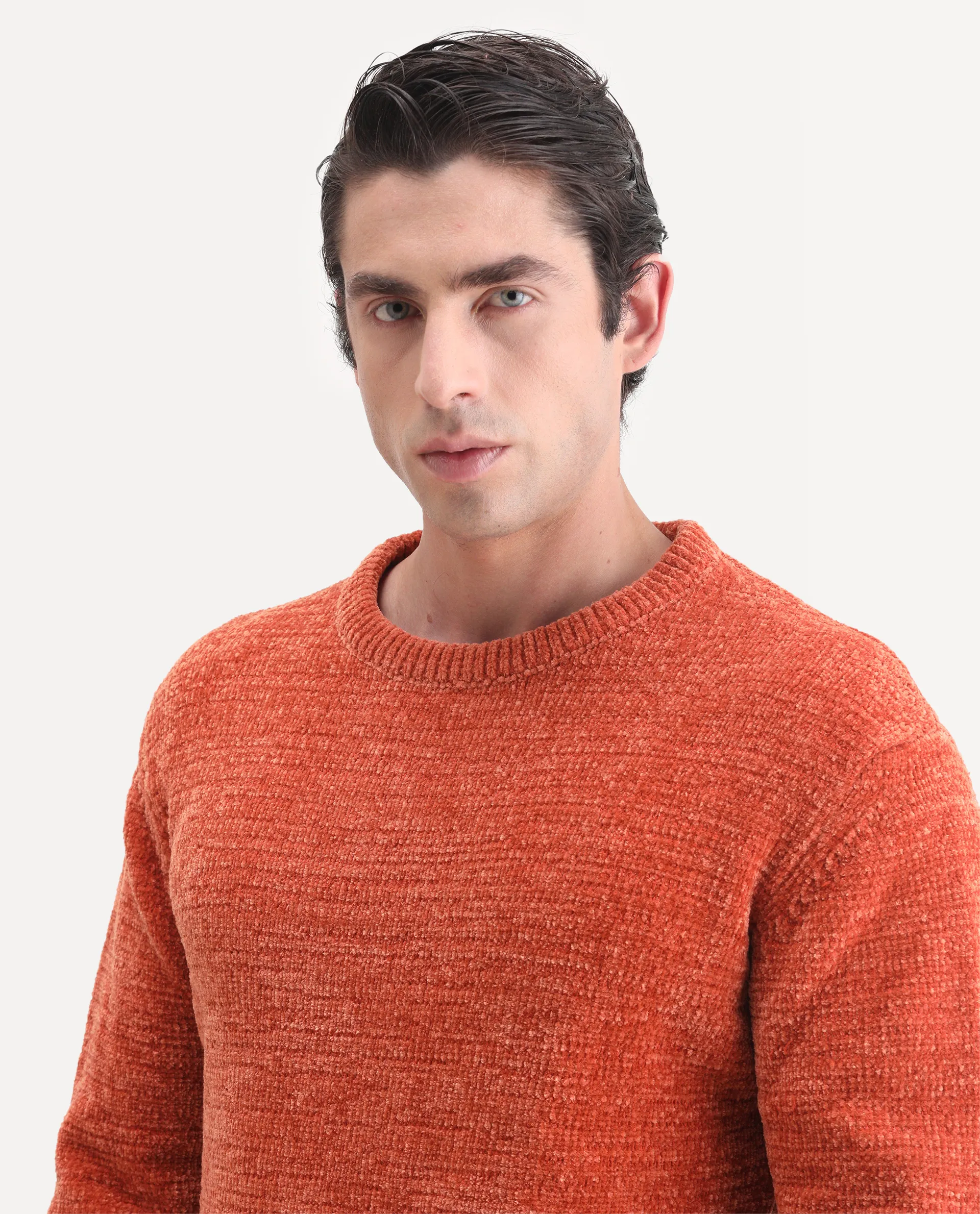 Rare Rabbit Men's Finkle Orange Cotton Textured Relaxed Fit Full Sleeve Crew Neck Sweater - Image 3