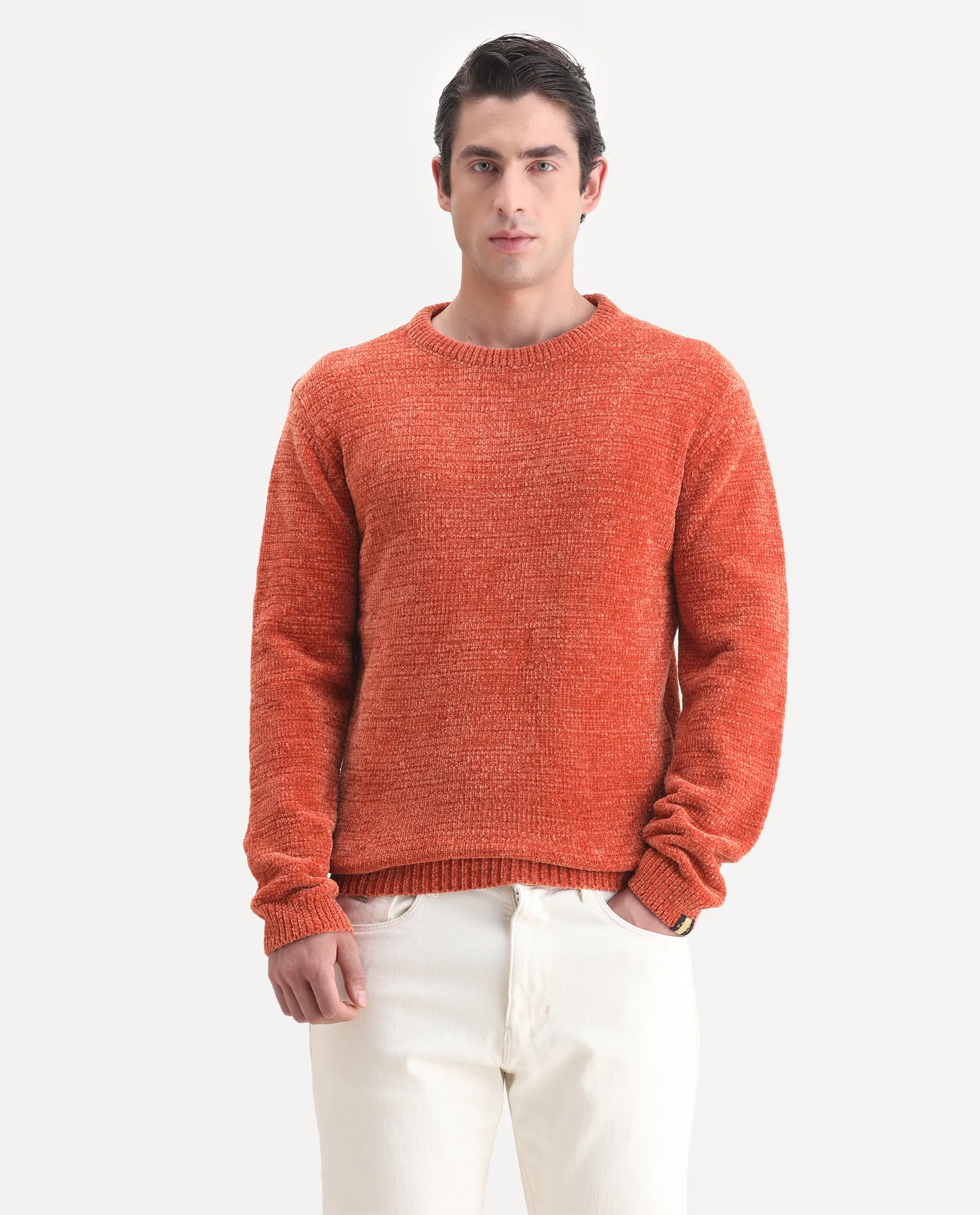 Rare Rabbit Men's Finkle Orange Cotton Textured Relaxed Fit Full Sleeve Crew Neck Sweater - Image 4