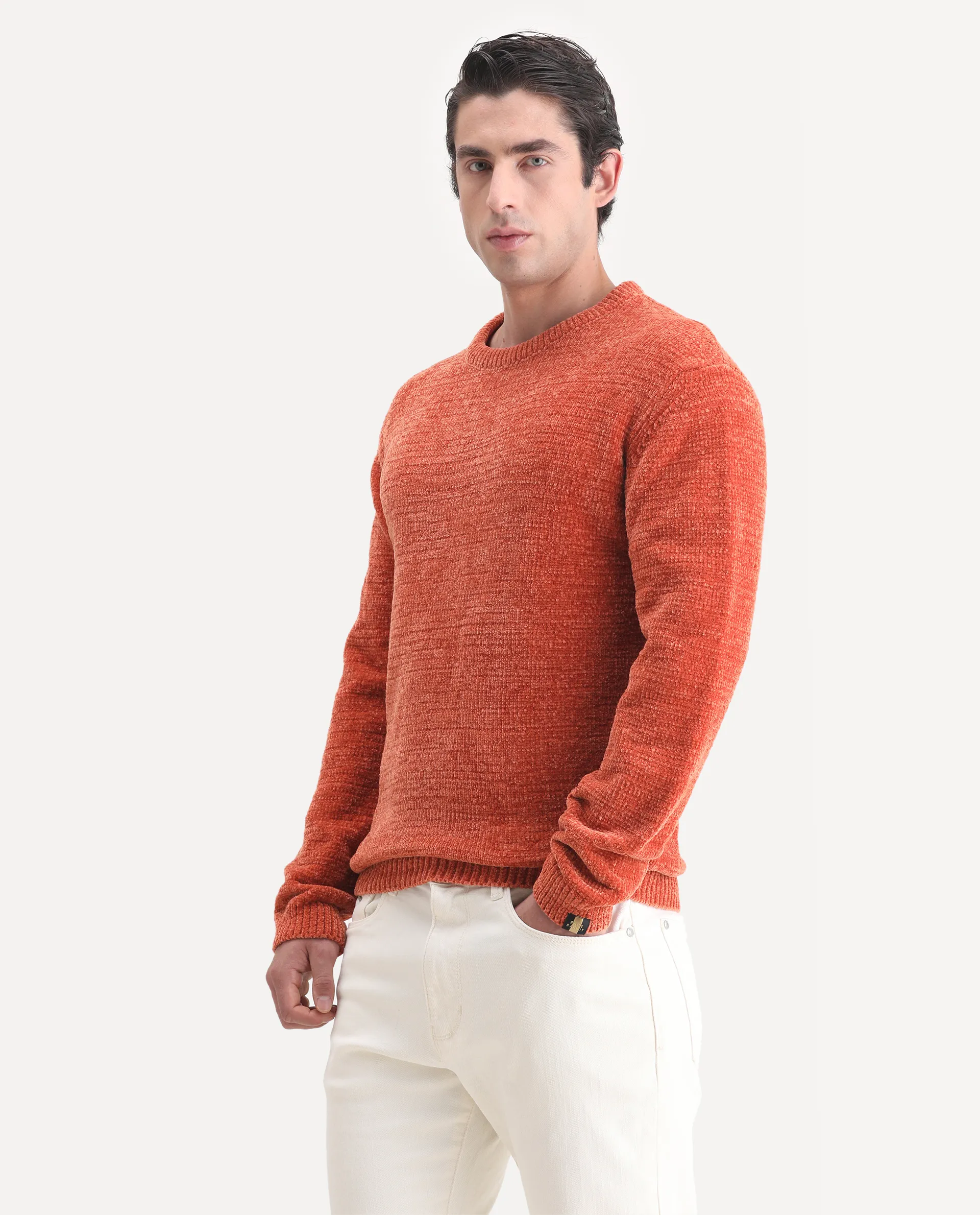 Rare Rabbit Men's Finkle Orange Cotton Textured Relaxed Fit Full Sleeve Crew Neck Sweater - Image 5