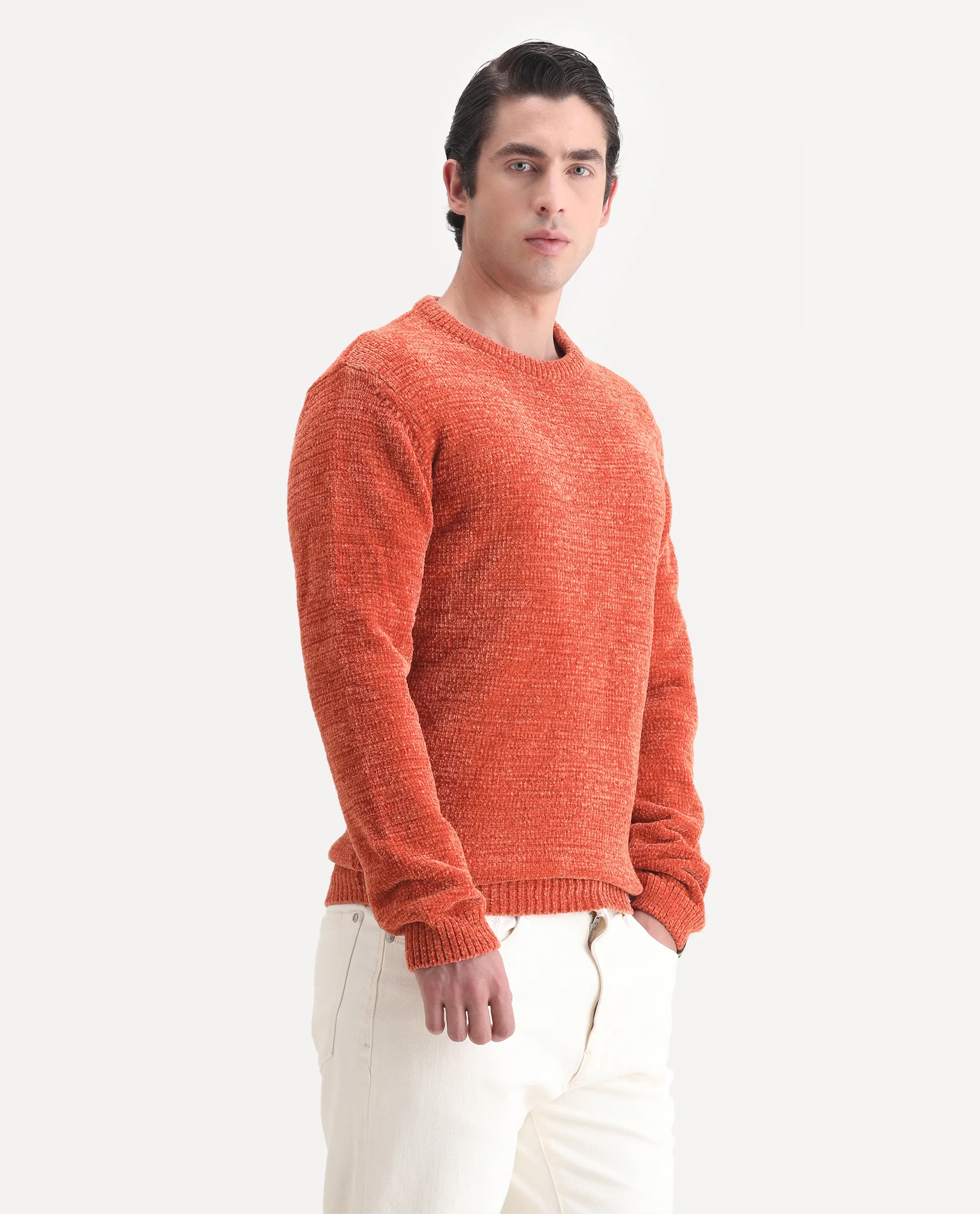 Rare Rabbit Men's Finkle Orange Cotton Textured Relaxed Fit Full Sleeve Crew Neck Sweater - Image 6