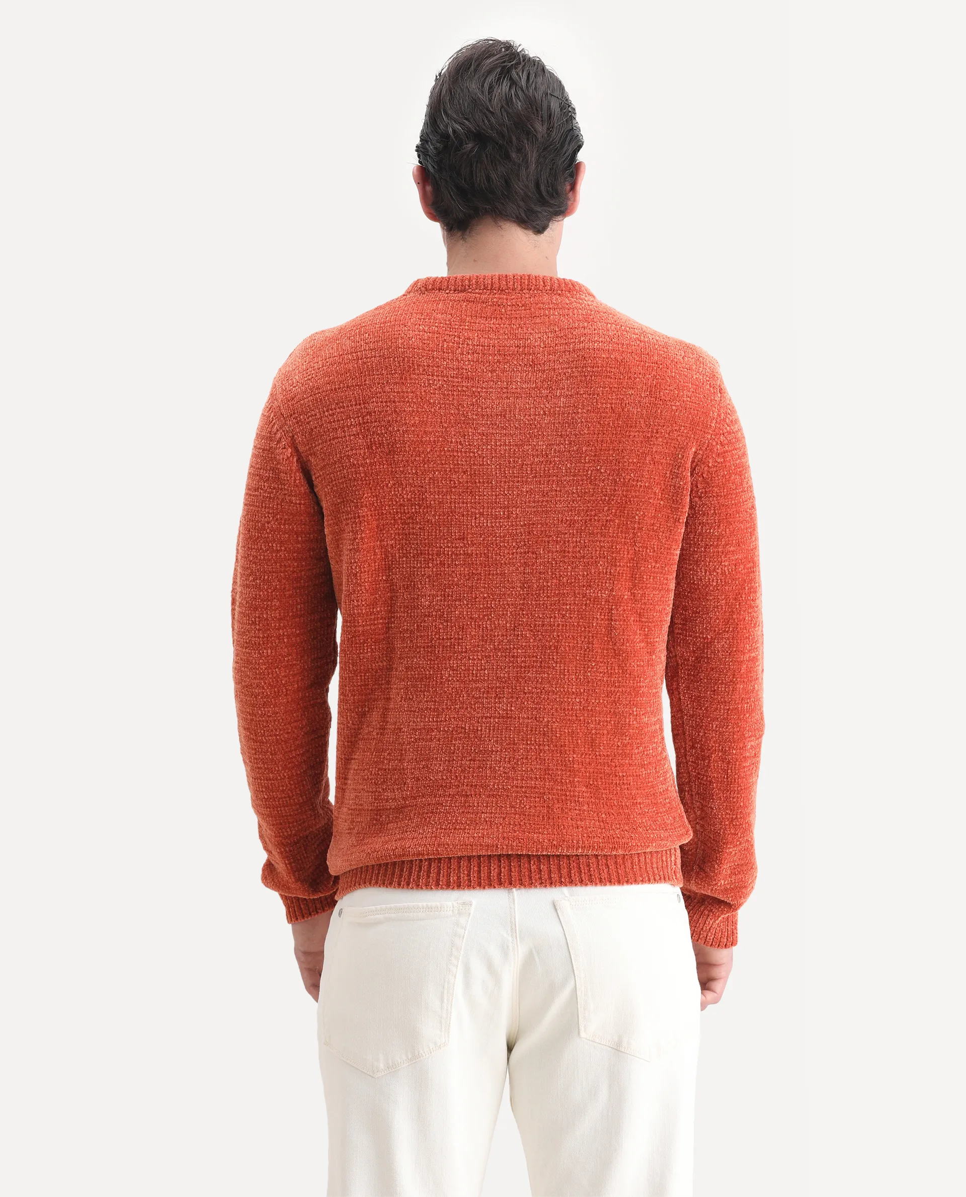 Rare Rabbit Men's Finkle Orange Cotton Textured Relaxed Fit Full Sleeve Crew Neck Sweater - Image 7
