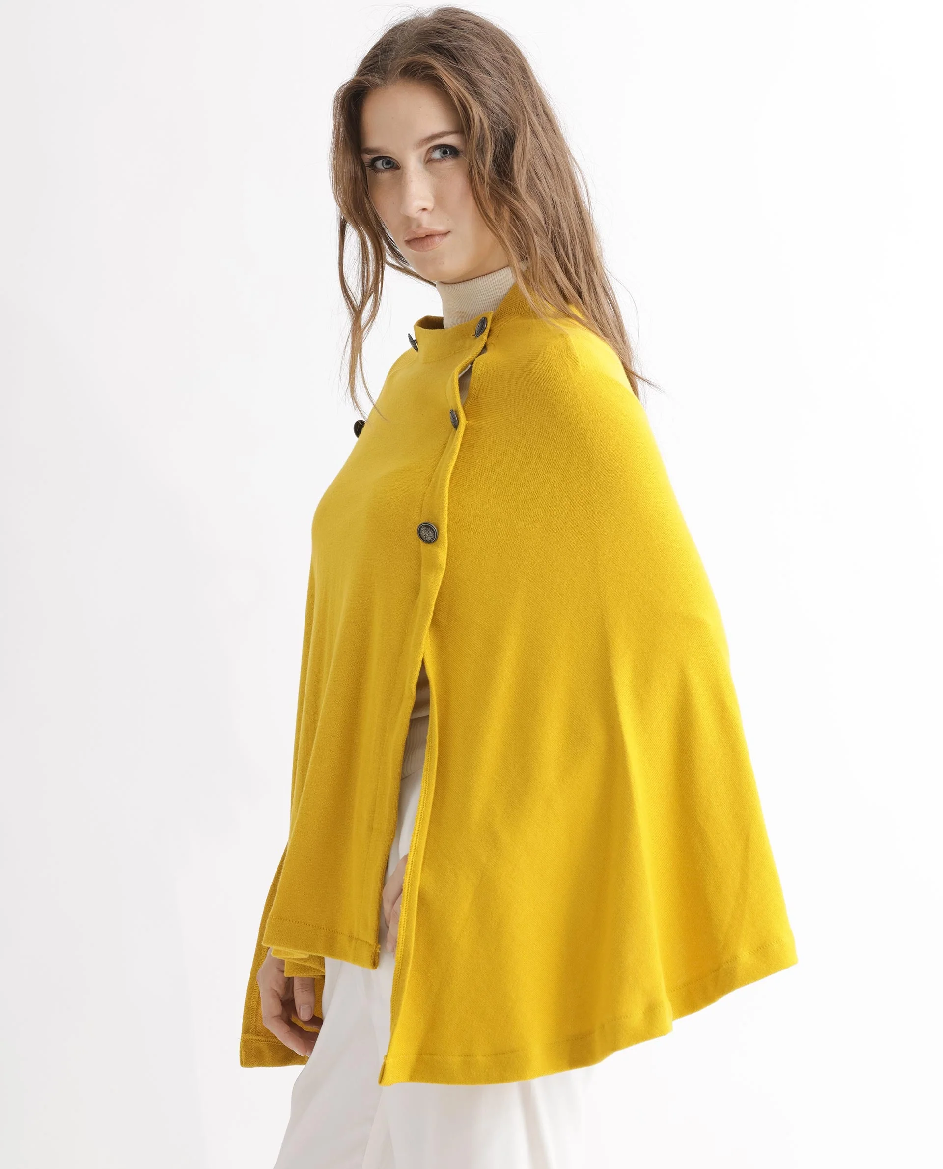 Rareism Women's Finley Mustard Cotton Collarless Plain Cape Sleeve Relaxed Fit Sweater - Image 10