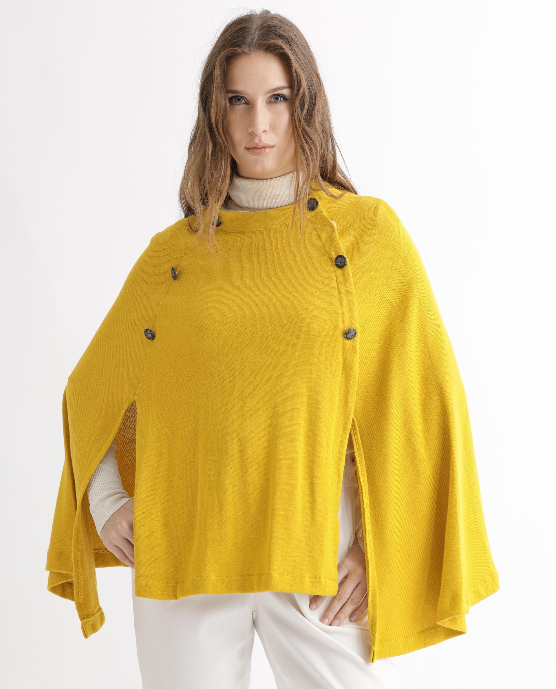 Rareism Women's Finley Mustard Cotton Collarless Plain Cape Sleeve Relaxed Fit Sweater - Image 12