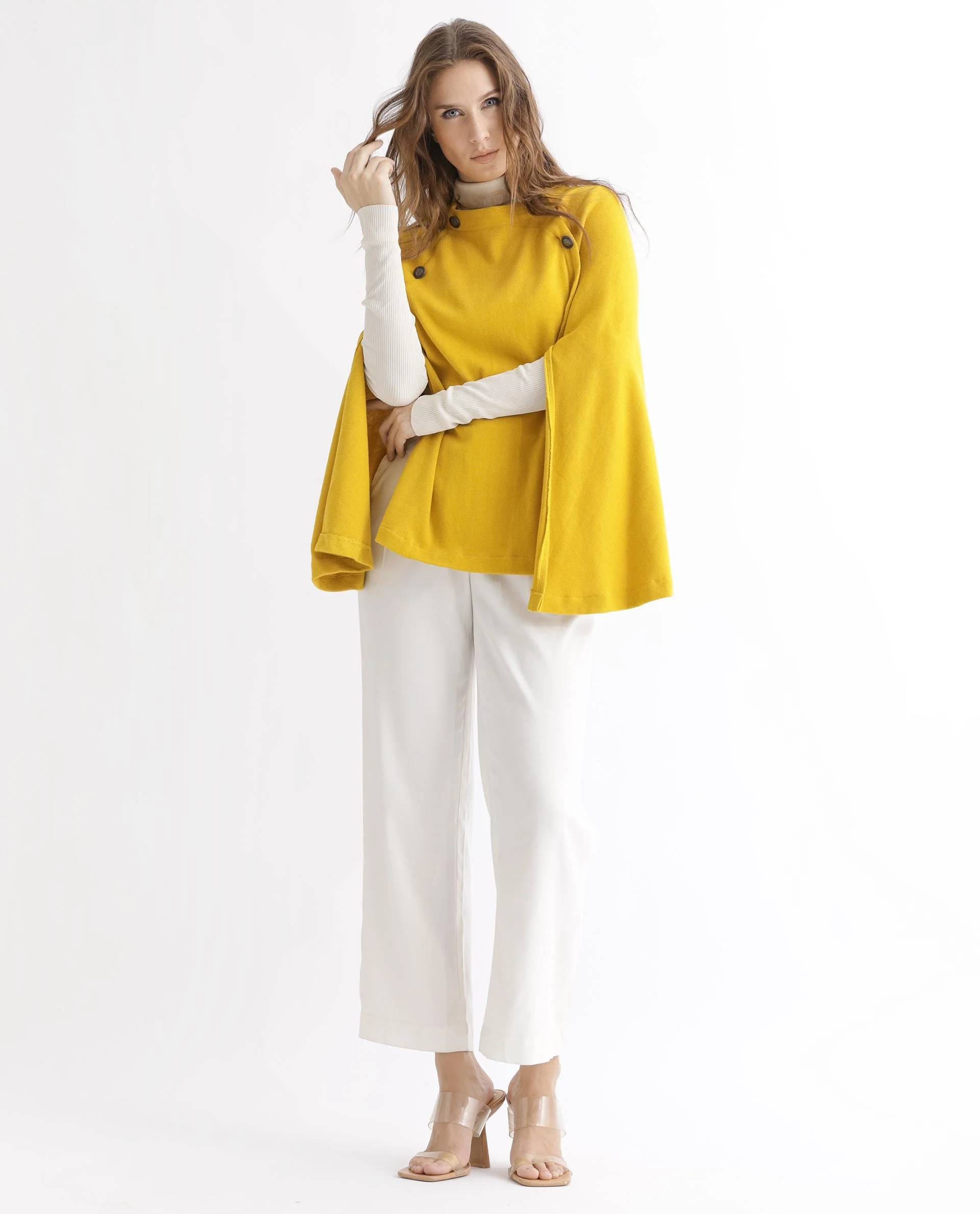 Rareism Women's Finley Mustard Cotton Collarless Plain Cape Sleeve Relaxed Fit Sweater - Image 2