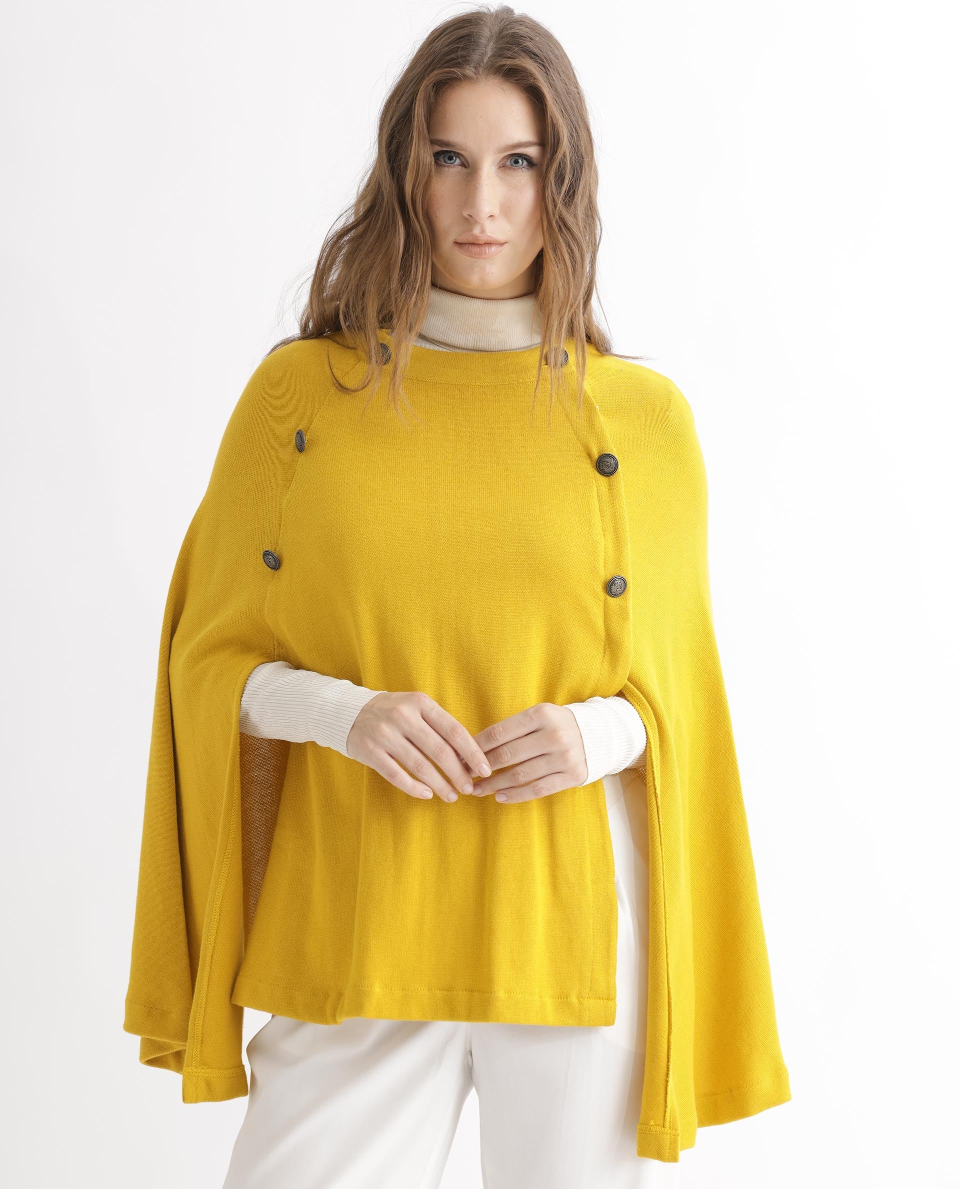 Rareism Women's Finley Mustard Cotton Collarless Plain Cape Sleeve Relaxed Fit Sweater - Image 4
