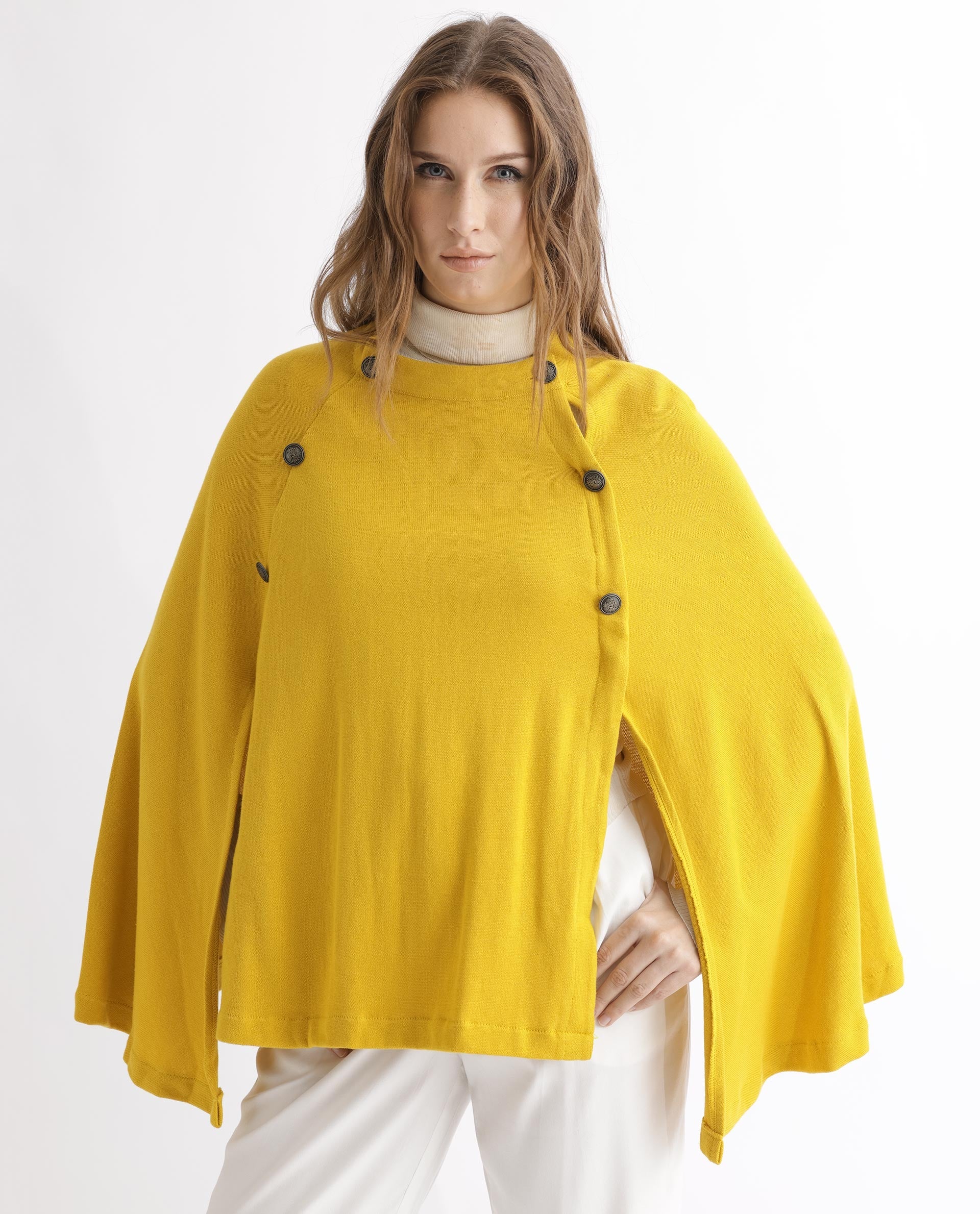 Rareism Women's Finley Mustard Cotton Collarless Plain Cape Sleeve Relaxed Fit Sweater - Image 7