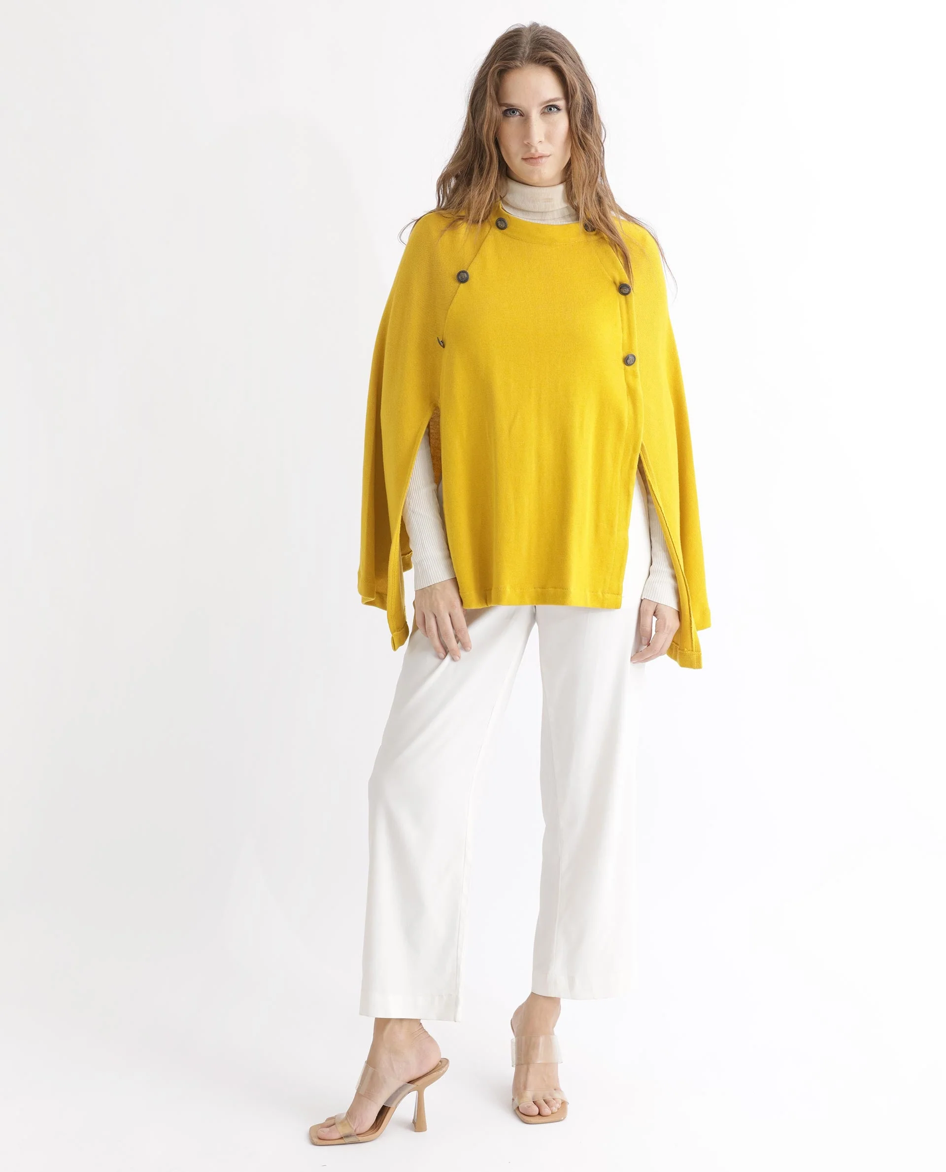 Rareism Women's Finley Mustard Cotton Collarless Plain Cape Sleeve Relaxed Fit Sweater - Image 8