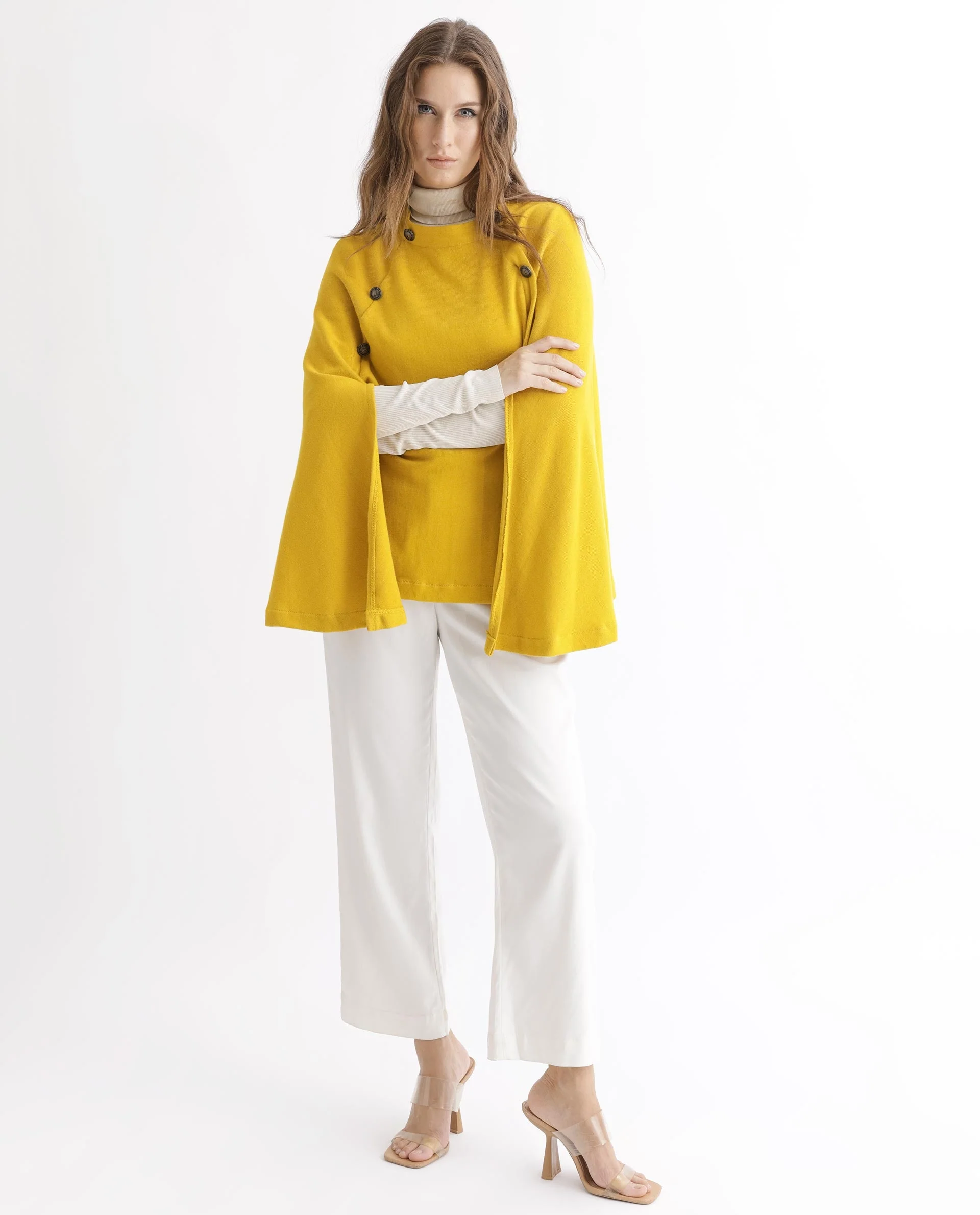 Rareism Women's Finley Mustard Cotton Collarless Plain Cape Sleeve Relaxed Fit Sweater - Image 9