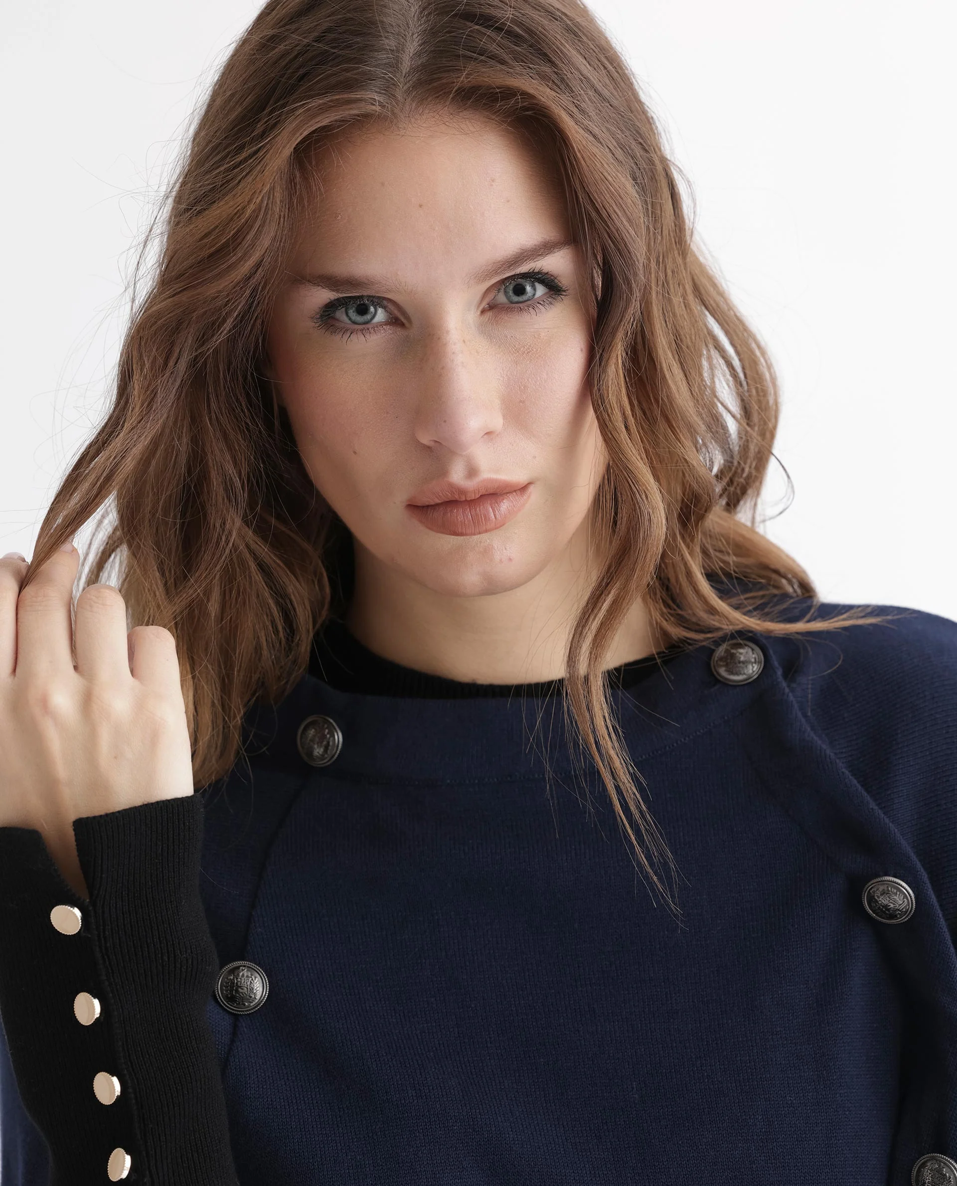 Rareism Women's Finley Navy Cotton Collarless Plain Cape Sleeve Relaxed Fit Sweater - Image 10