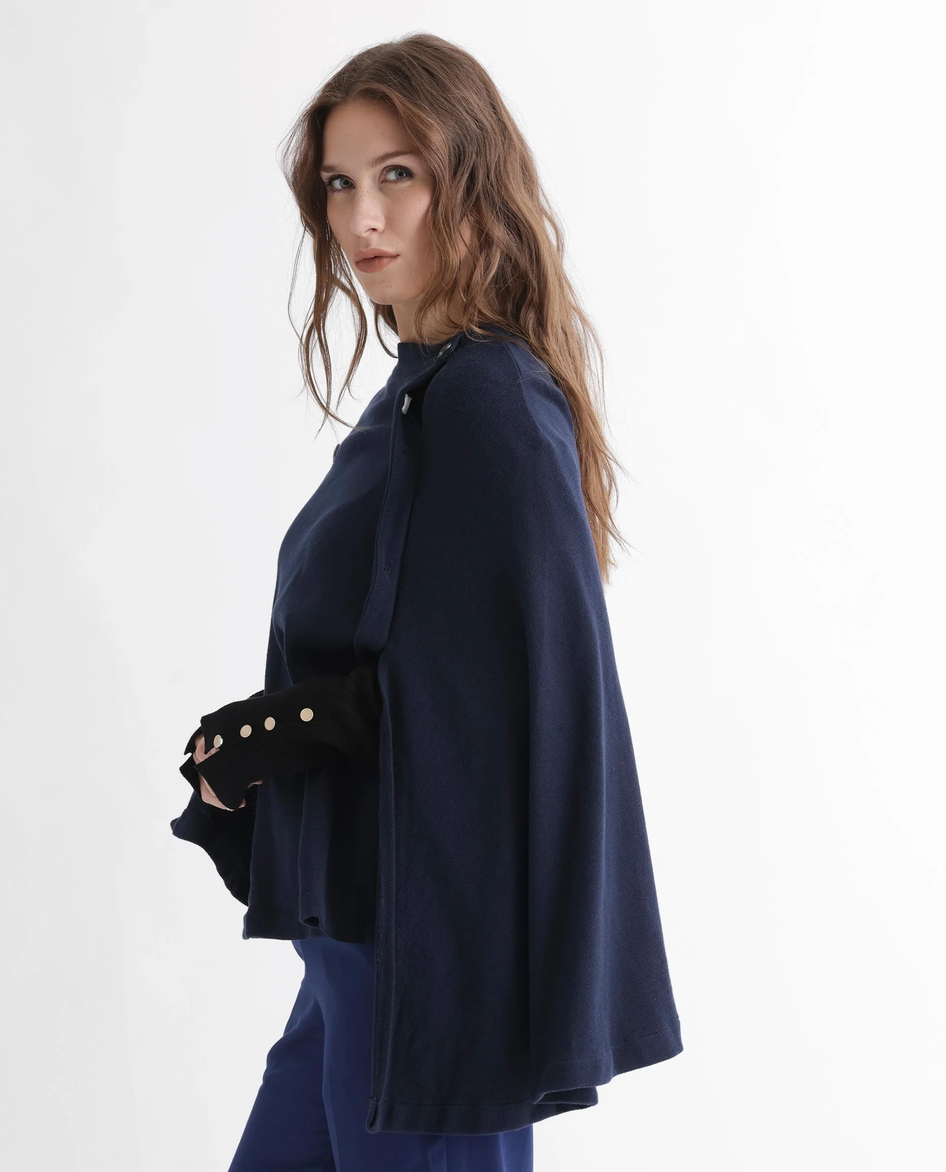 Rareism Women's Finley Navy Cotton Collarless Plain Cape Sleeve Relaxed Fit Sweater - Image 11