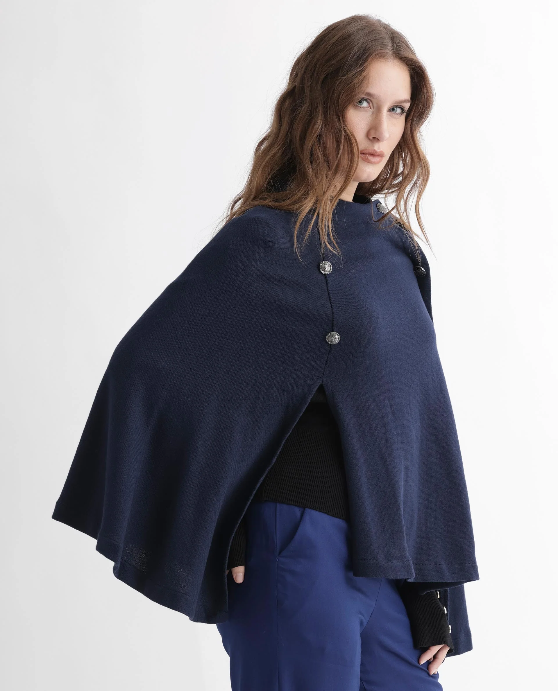 Rareism Women's Finley Navy Cotton Collarless Plain Cape Sleeve Relaxed Fit Sweater - Image 12