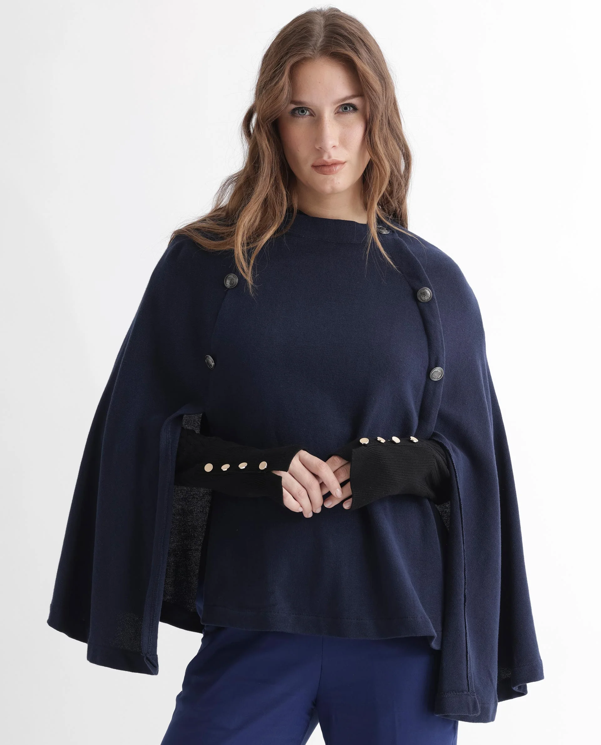 Rareism Women's Finley Navy Cotton Collarless Plain Cape Sleeve Relaxed Fit Sweater - Image 2