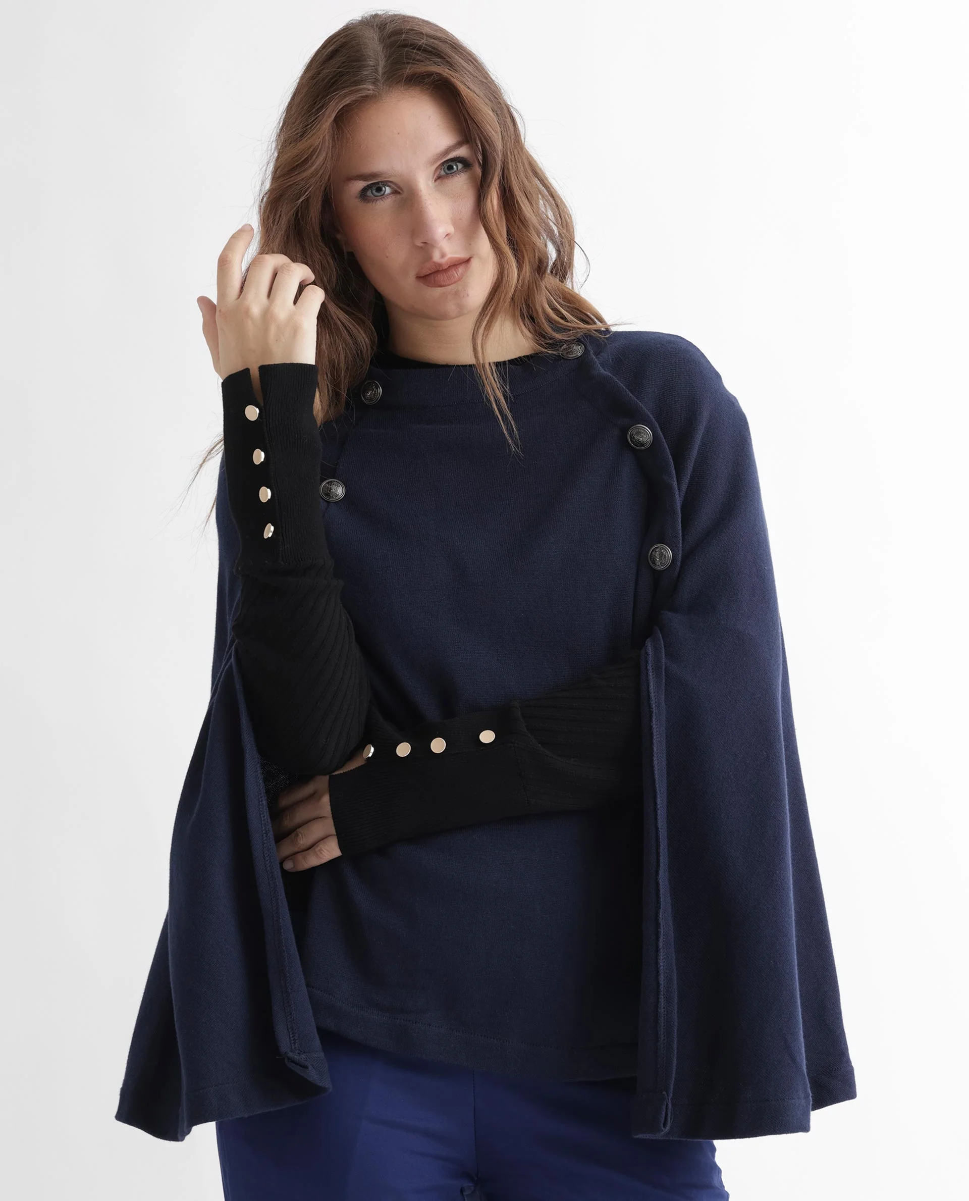 Rareism Women's Finley Navy Cotton Collarless Plain Cape Sleeve Relaxed Fit Sweater - Image 3