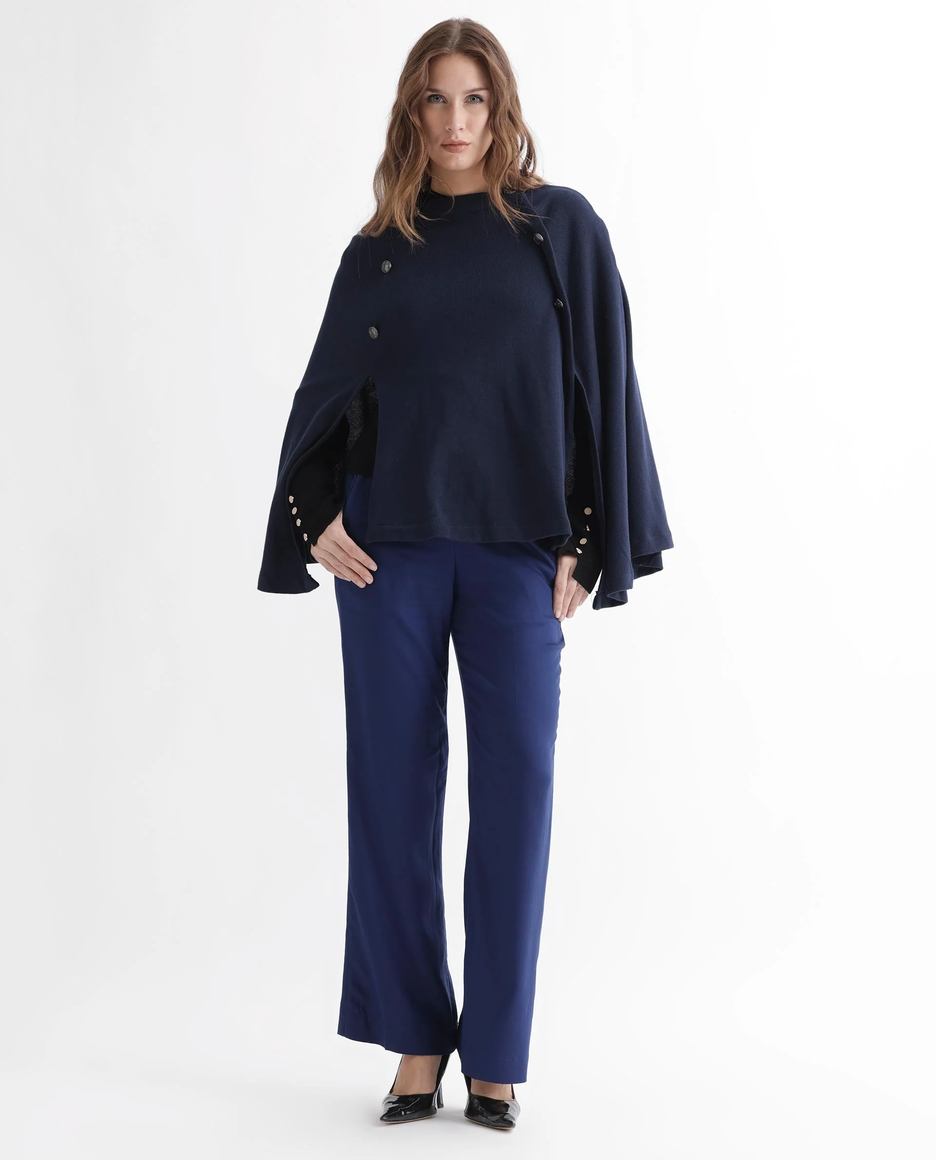 Rareism Women's Finley Navy Cotton Collarless Plain Cape Sleeve Relaxed Fit Sweater - Image 4