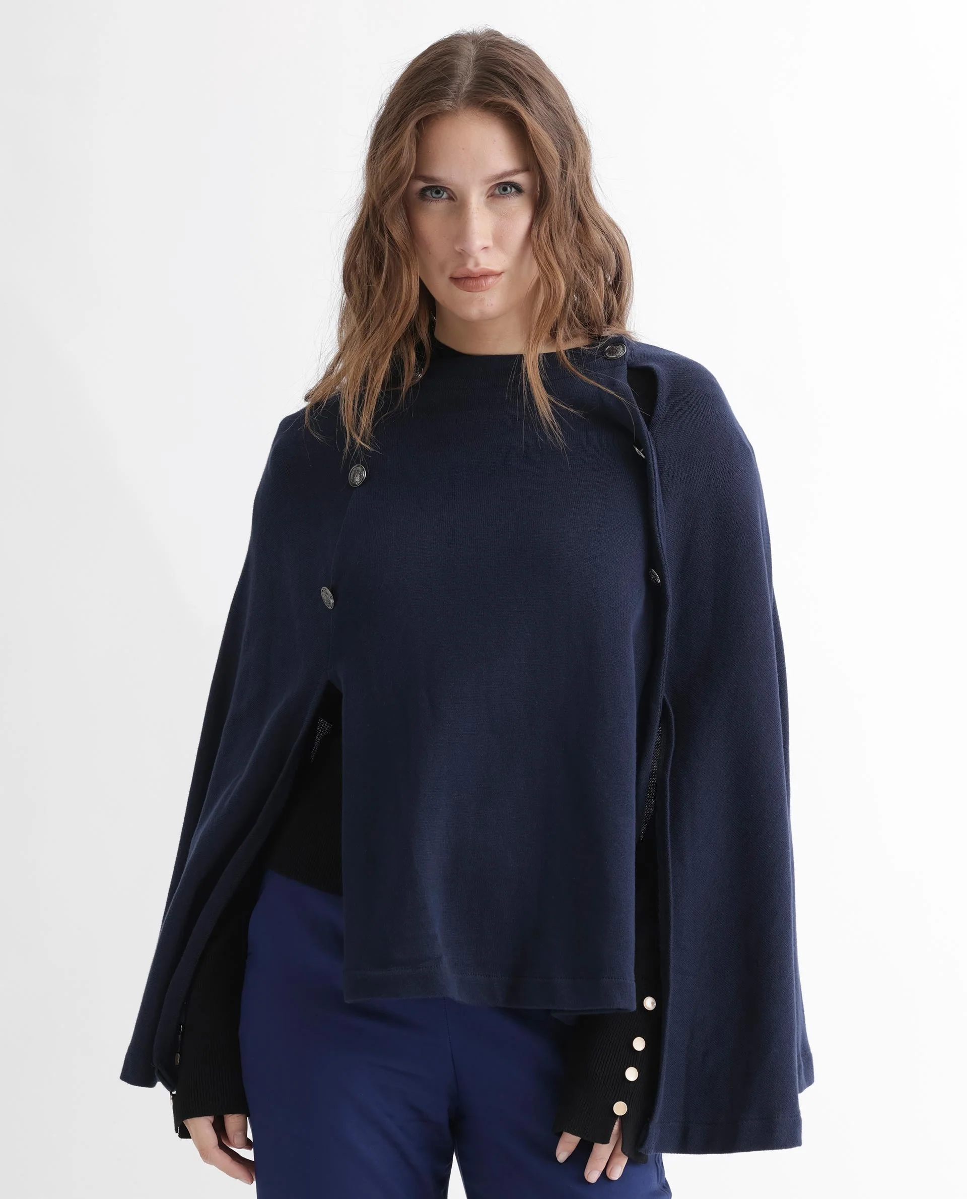 Rareism Women's Finley Navy Cotton Collarless Plain Cape Sleeve Relaxed Fit Sweater - Image 5