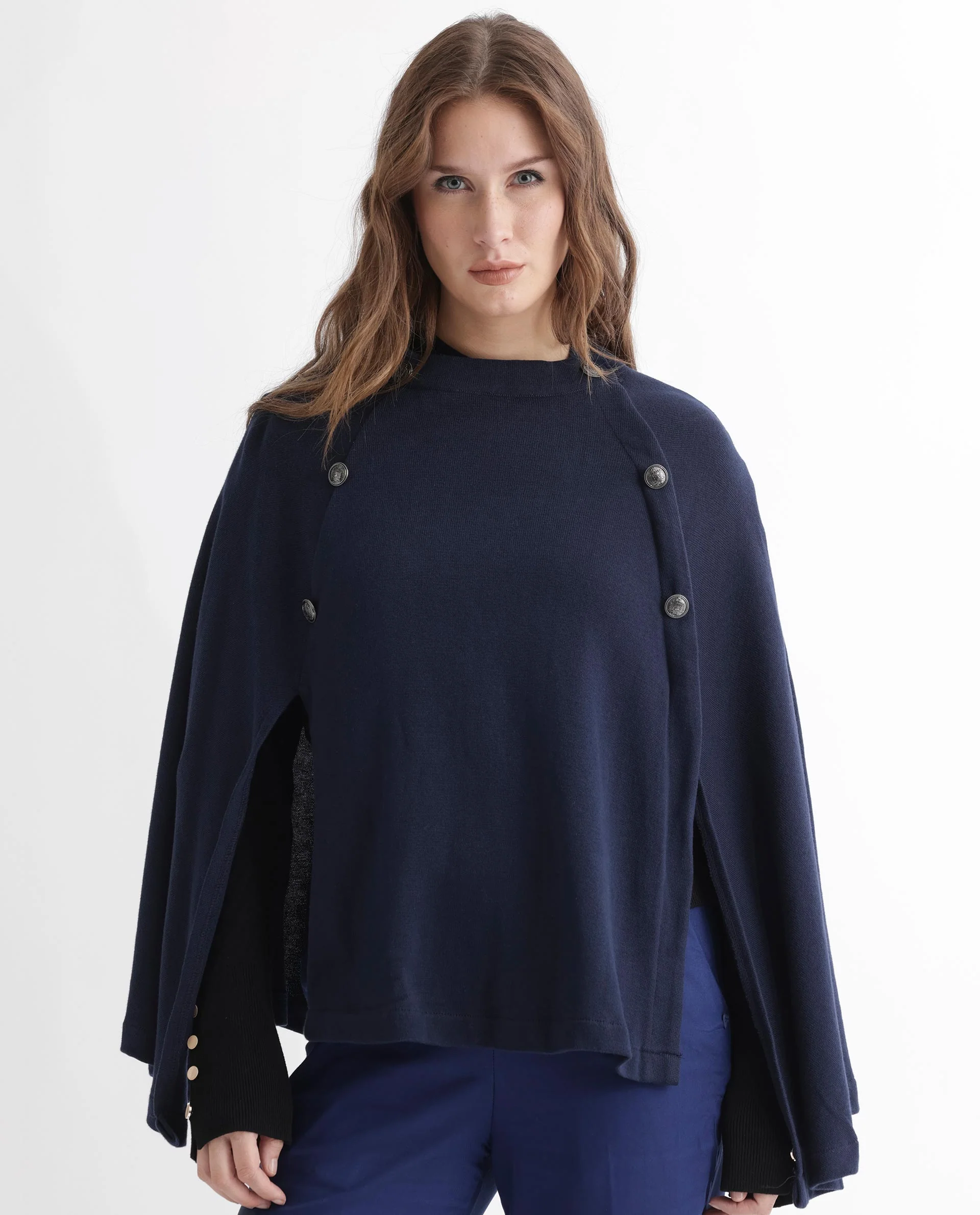 Rareism Women's Finley Navy Cotton Collarless Plain Cape Sleeve Relaxed Fit Sweater - Image 6