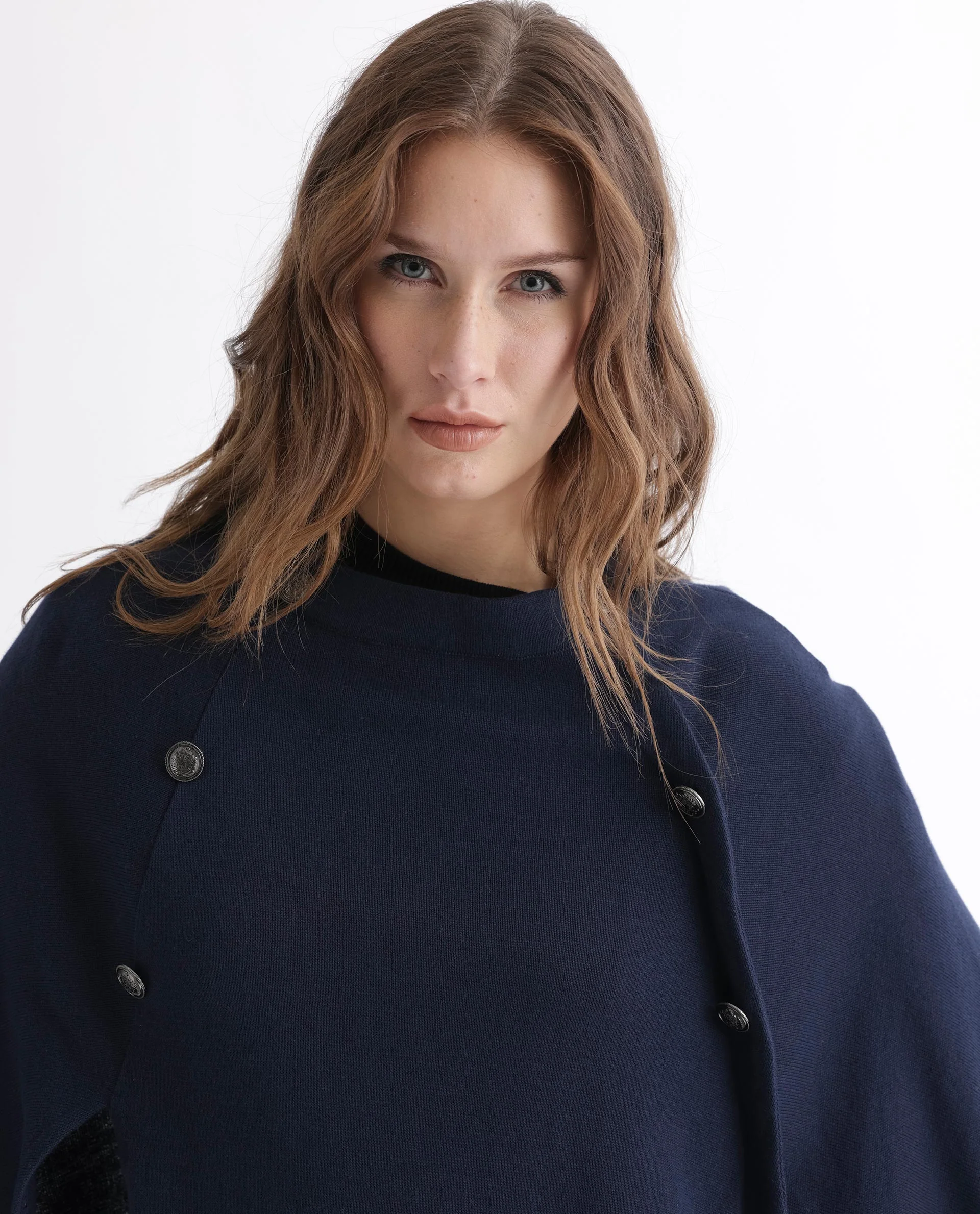 Rareism Women's Finley Navy Cotton Collarless Plain Cape Sleeve Relaxed Fit Sweater - Image 7