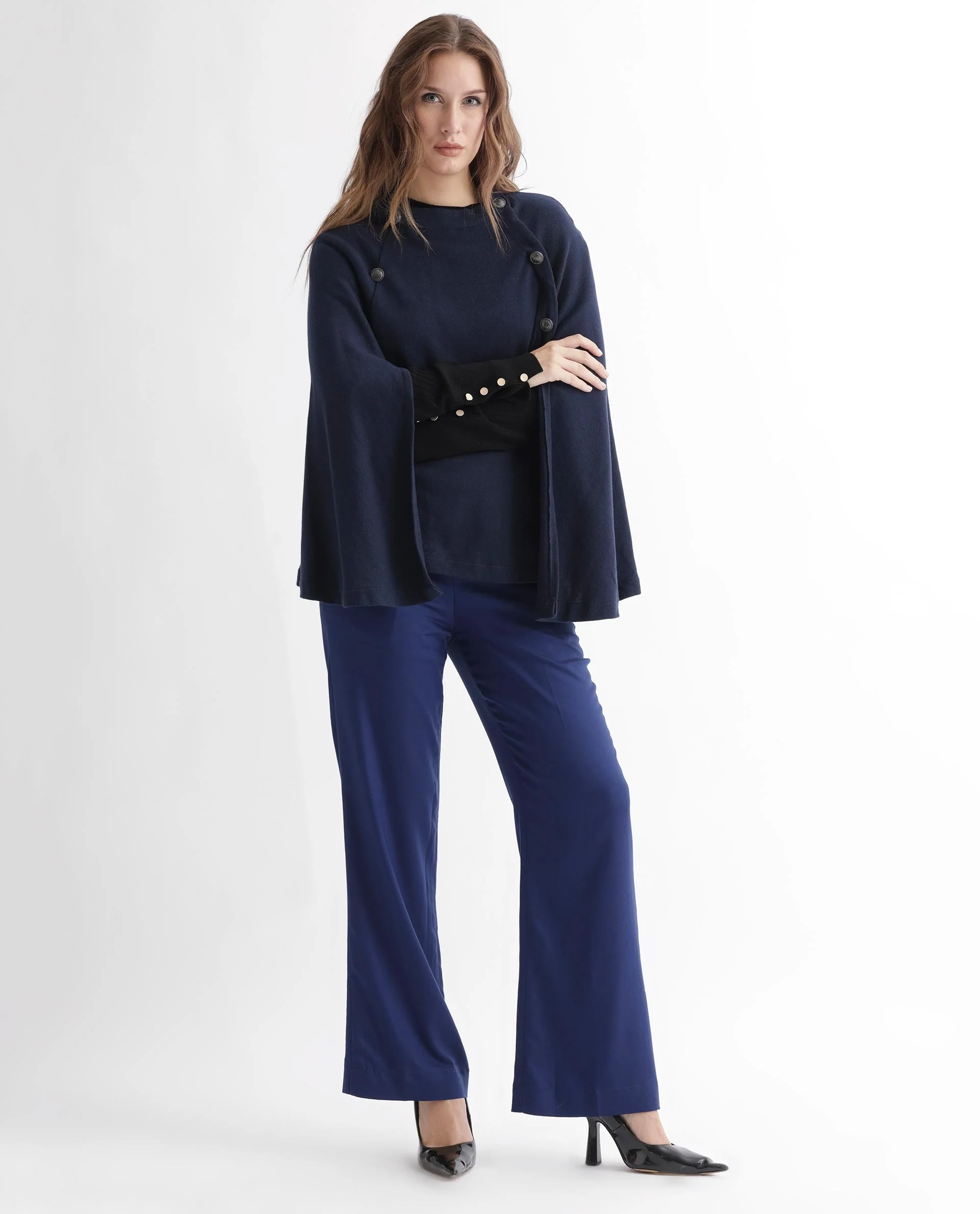Rareism Women's Finley Navy Cotton Collarless Plain Cape Sleeve Relaxed Fit Sweater - Image 8